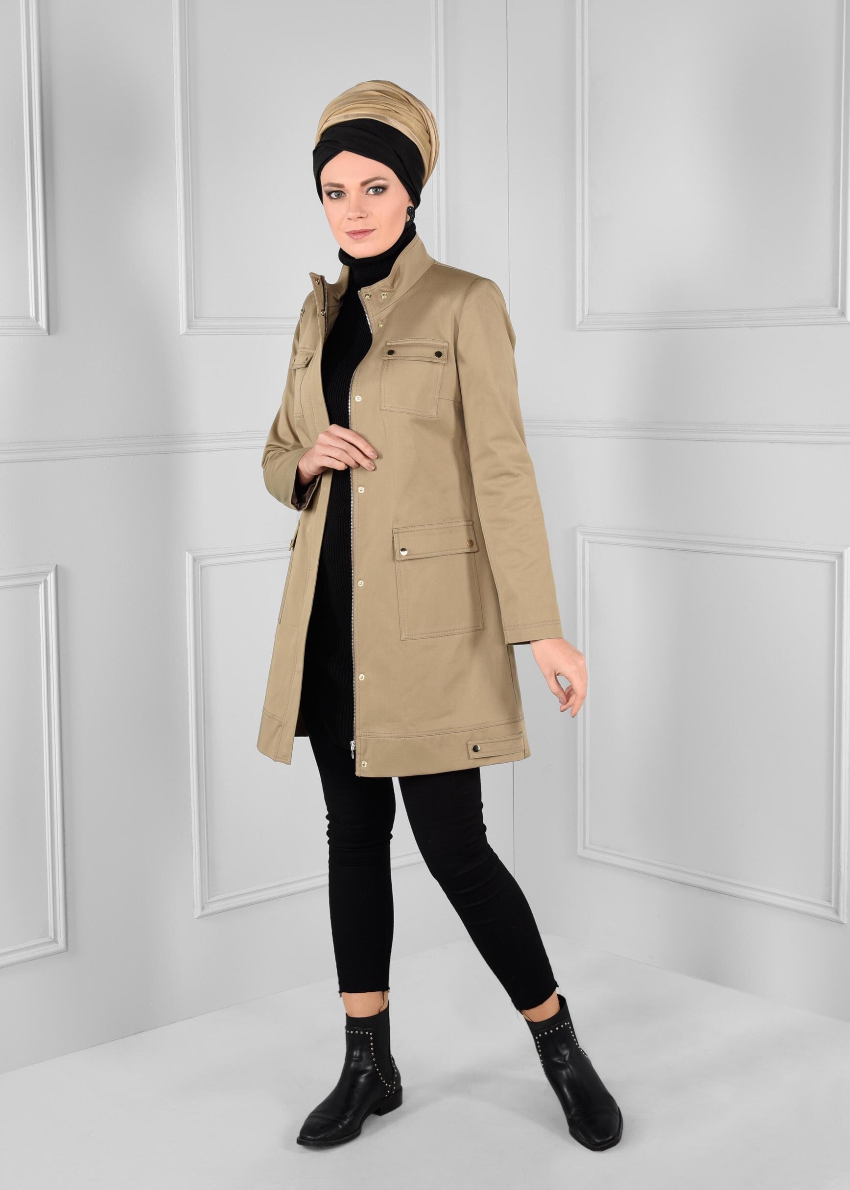 Tesettür giyim KAHVE SIRTI NAKIŞ İŞLEMELİ CEPLİ TRENÇKOT 1150