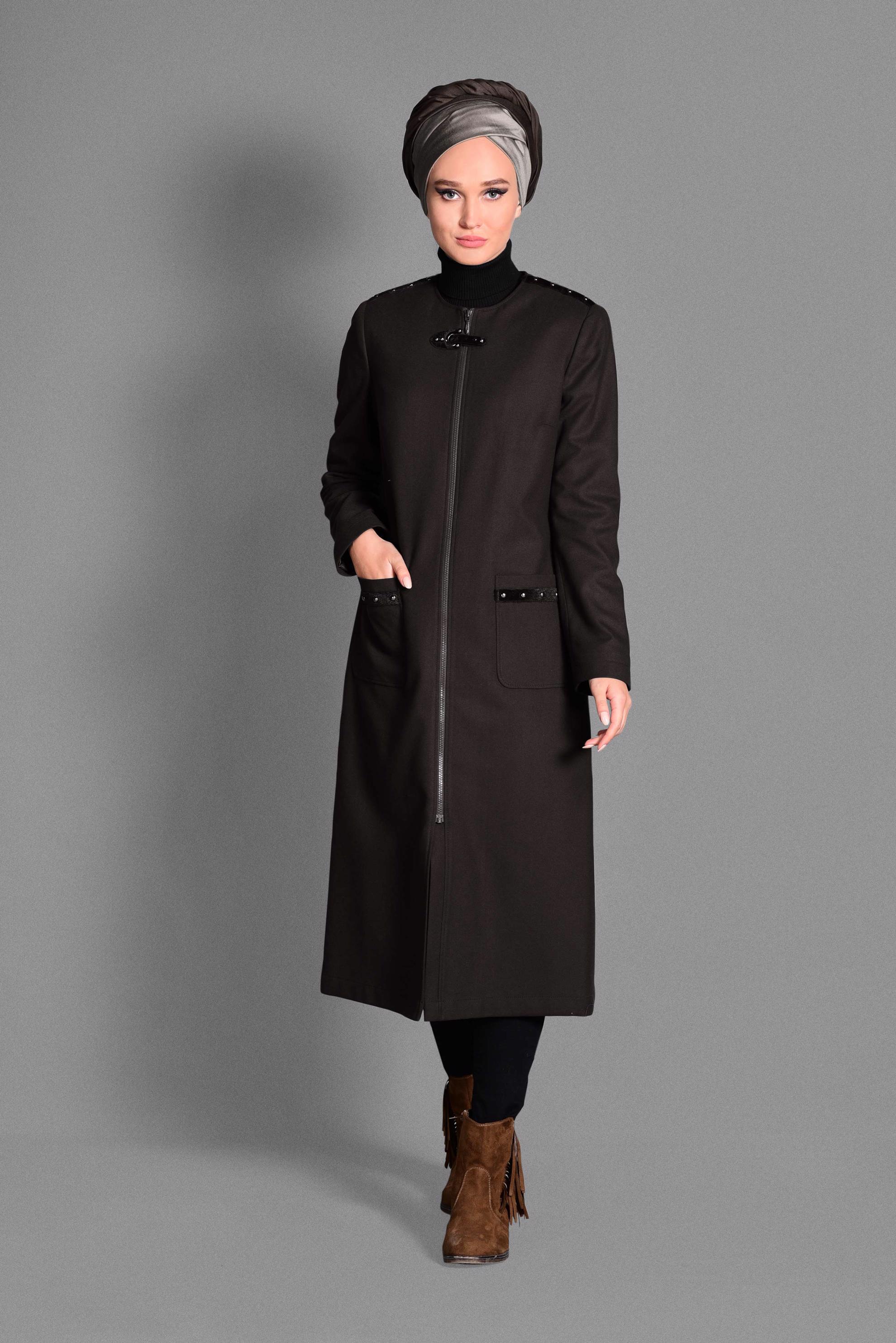 Tesettür giyim KAHVE FERMUARLI CEPLİ BONCUK DETAYLI TRENÇKOT 1151