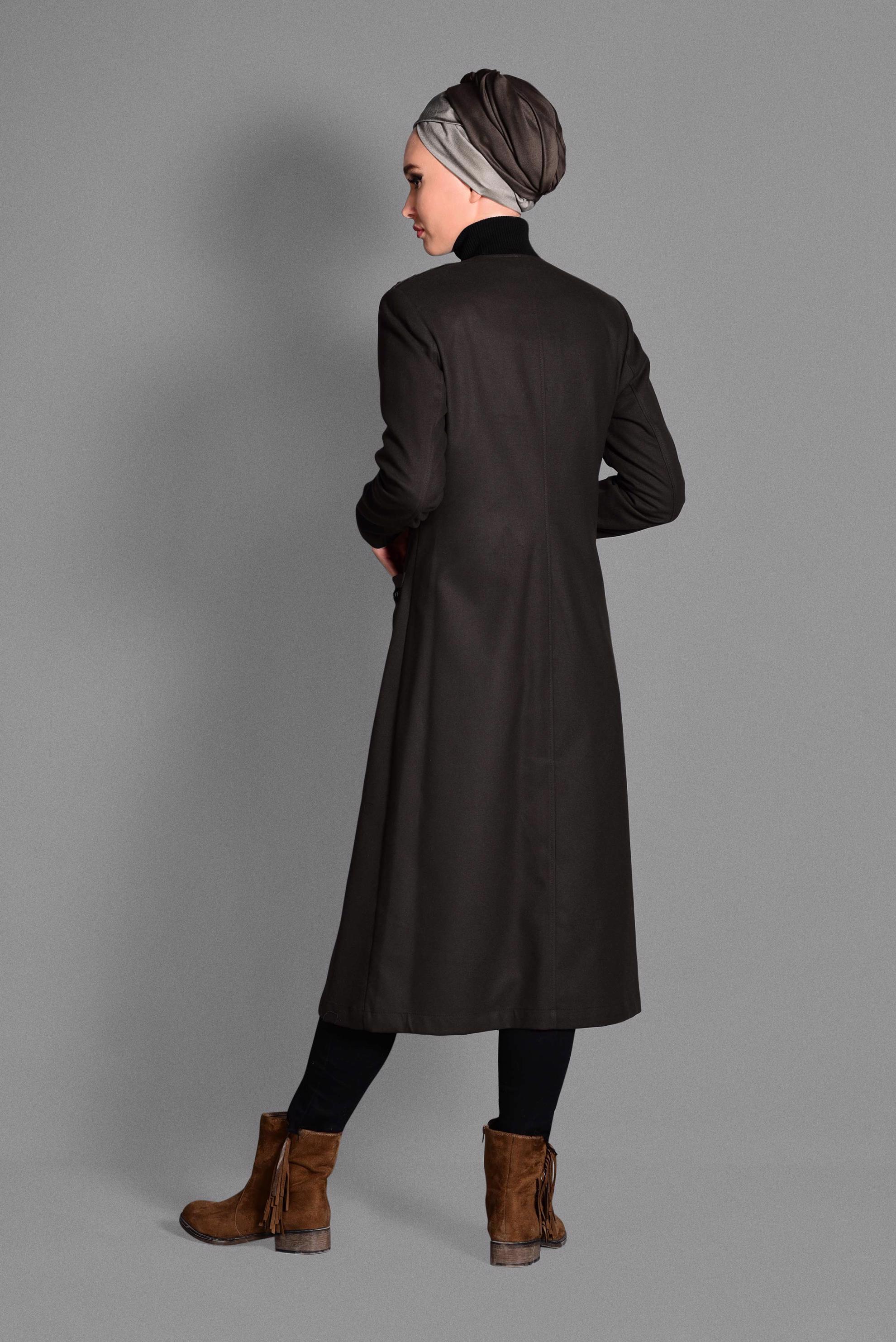 Tesettür giyim KAHVE FERMUARLI CEPLİ BONCUK DETAYLI TRENÇKOT 1151