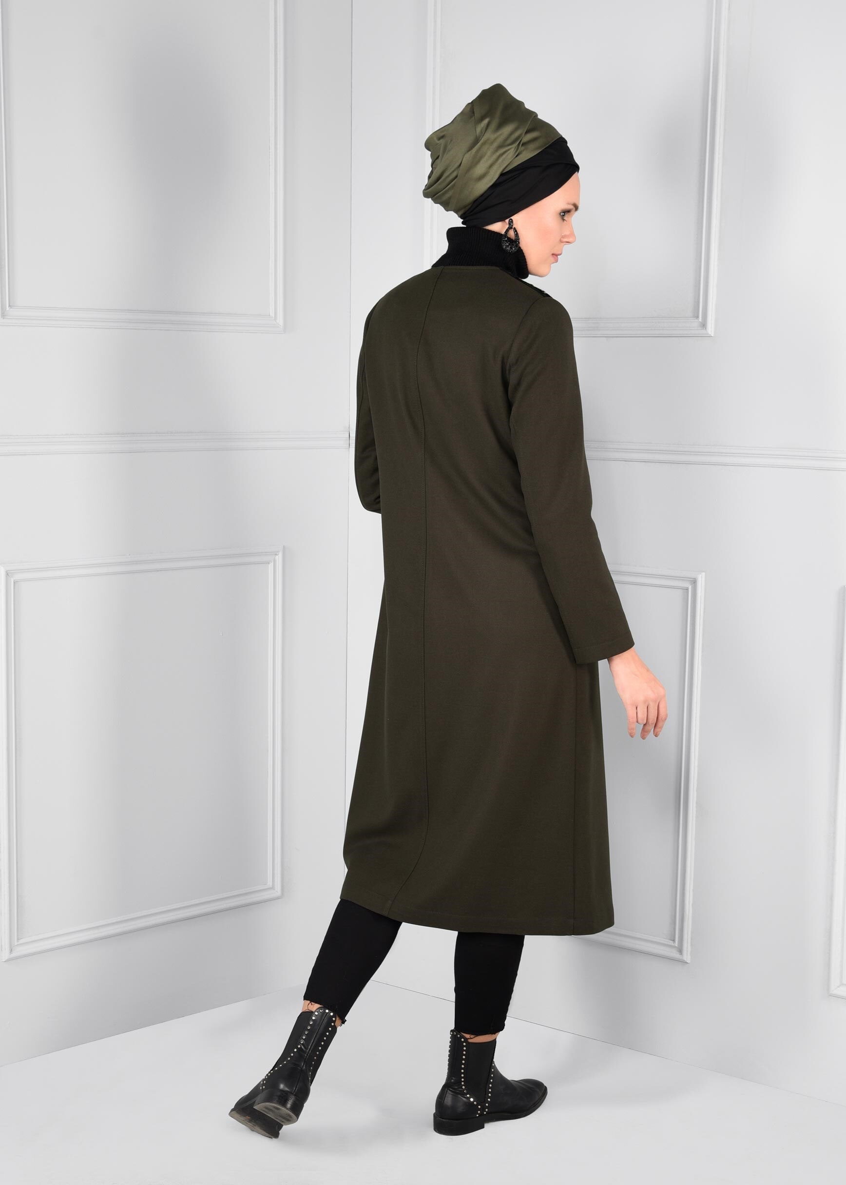 Tesettür giyim HAKİ FERMUARLI CEPLİ BONCUK DETAYLI TRENÇKOT 1151