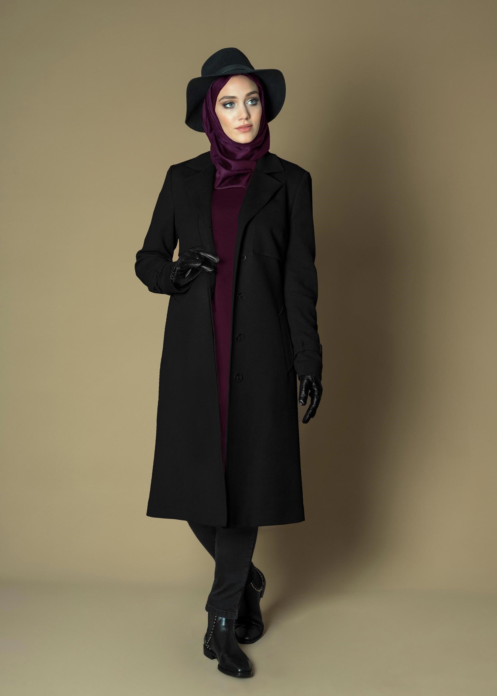 Tesettür giyim SİYAH KUŞAKLI GİZLİ DÜĞMELİ TRENÇKOT 1169 