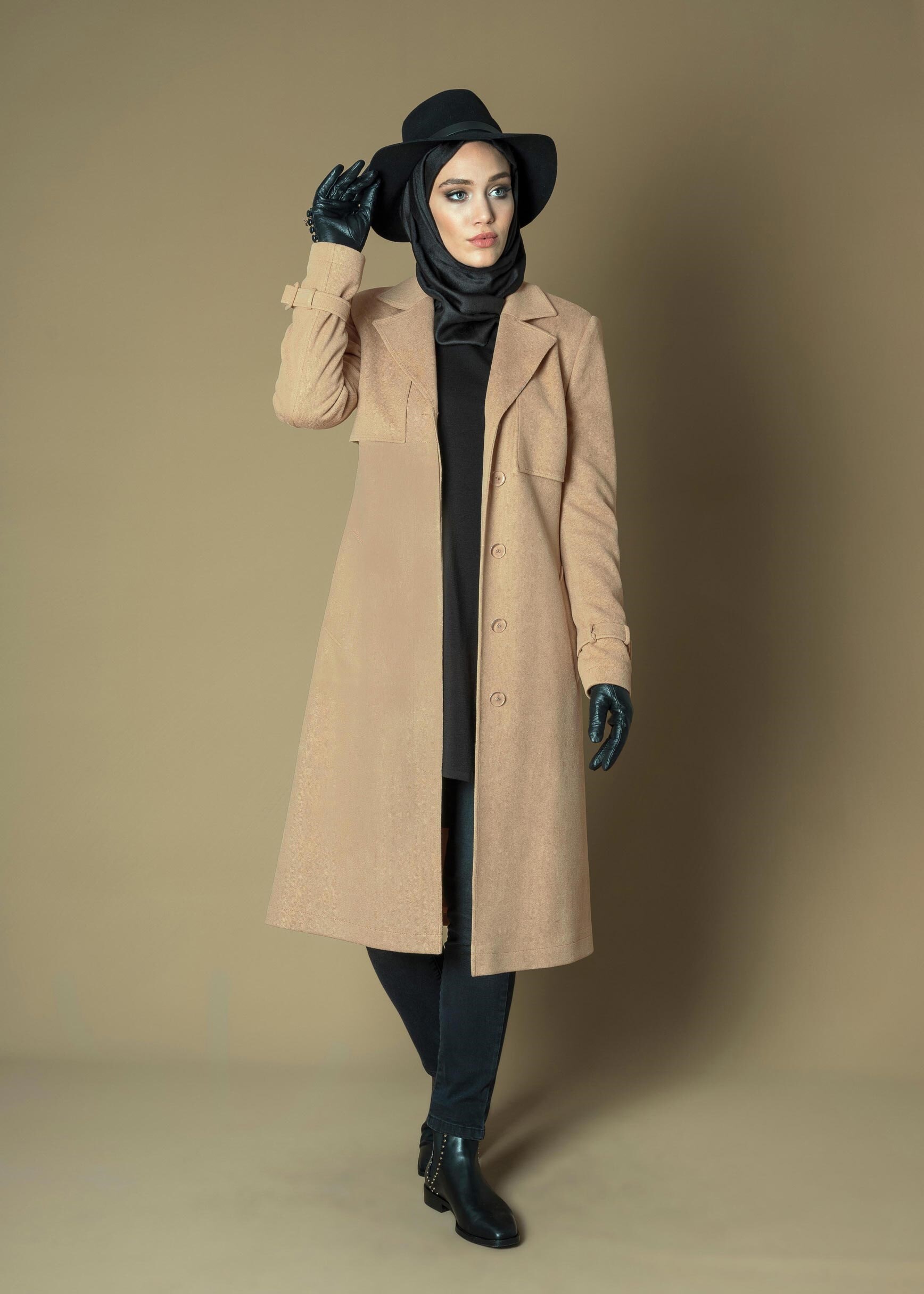 Tesettür giyim KAHVE KUŞAKLI GİZLİ DÜĞMELİ TRENÇKOT 1169 