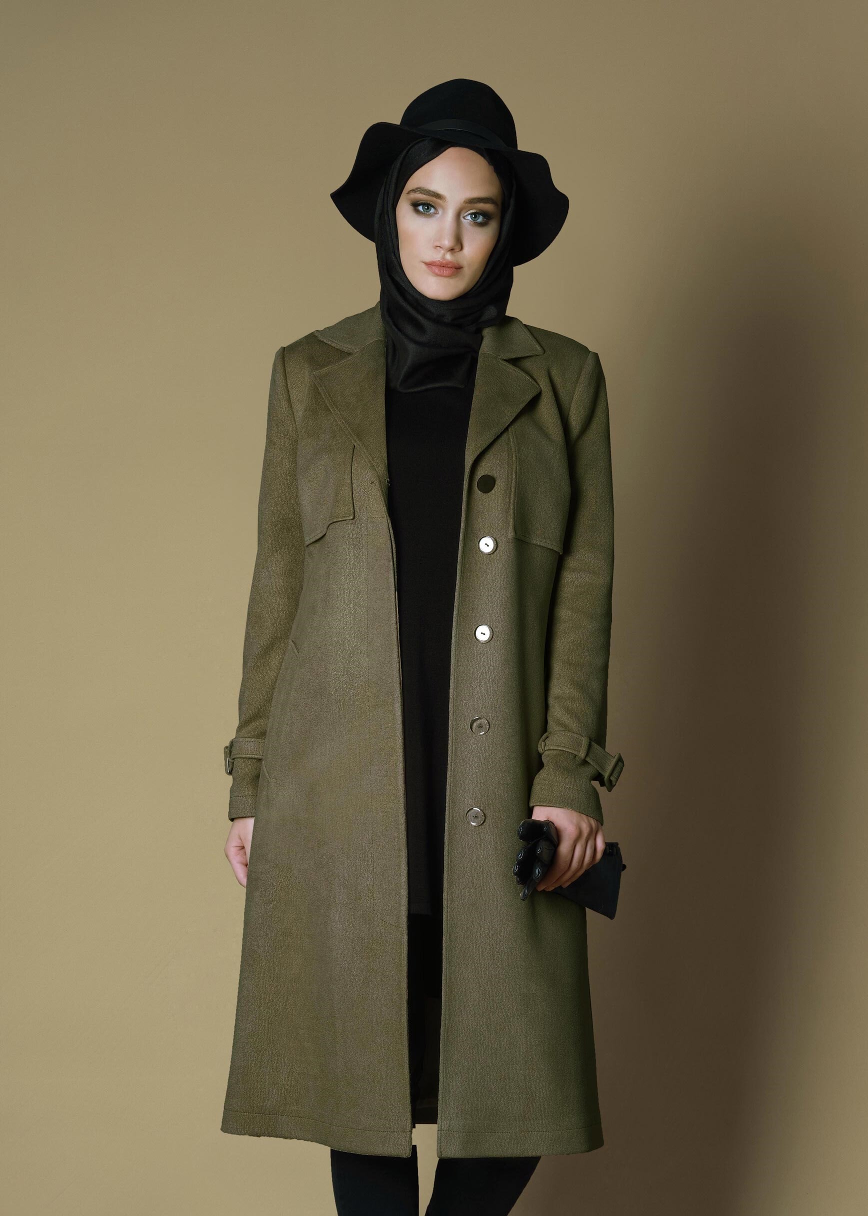 Tesettür giyim HAKİ KUŞAKLI GİZLİ DÜĞMELİ TRENÇKOT 1169 