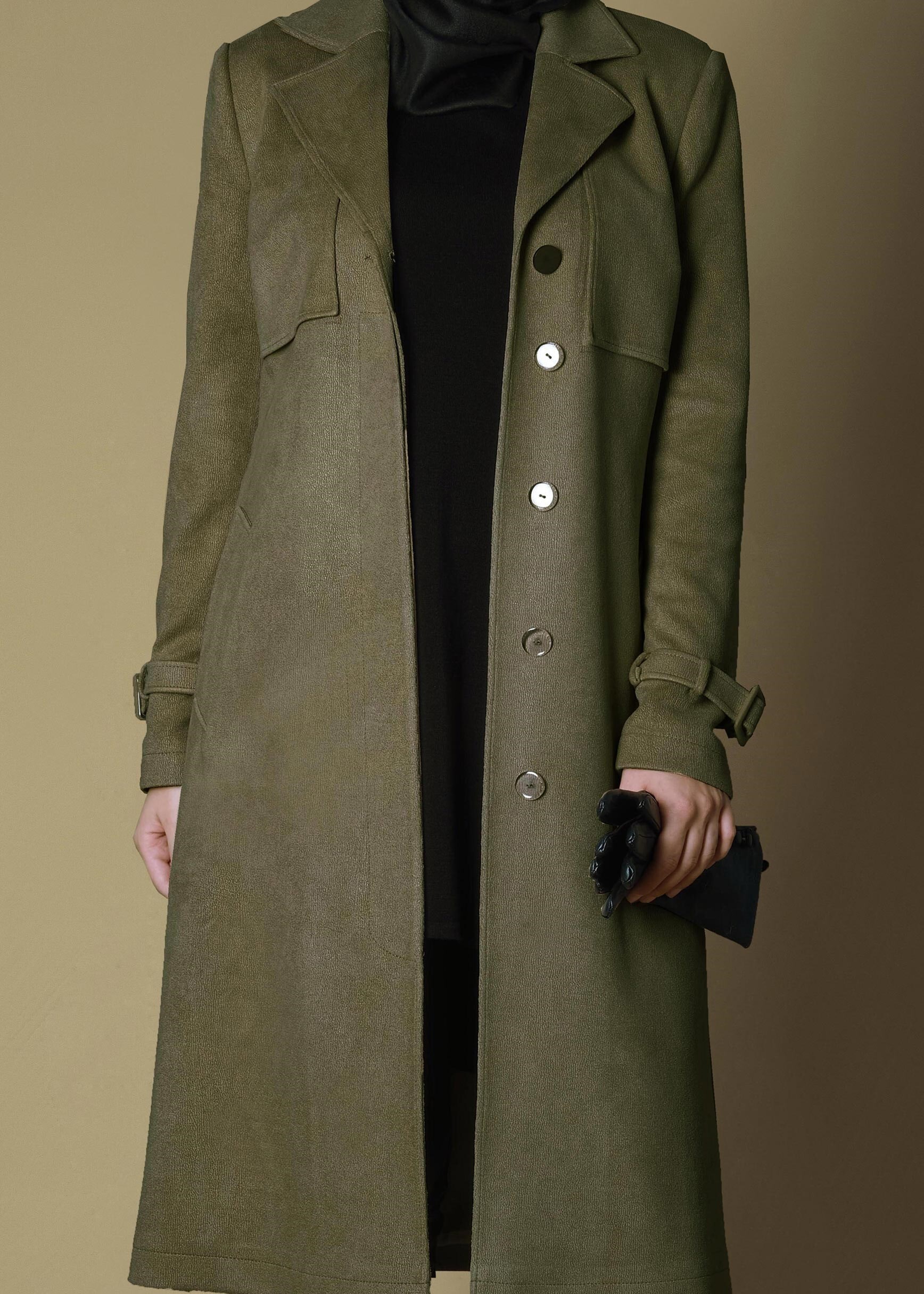 Tesettür giyim HAKİ KUŞAKLI GİZLİ DÜĞMELİ TRENÇKOT 1169 