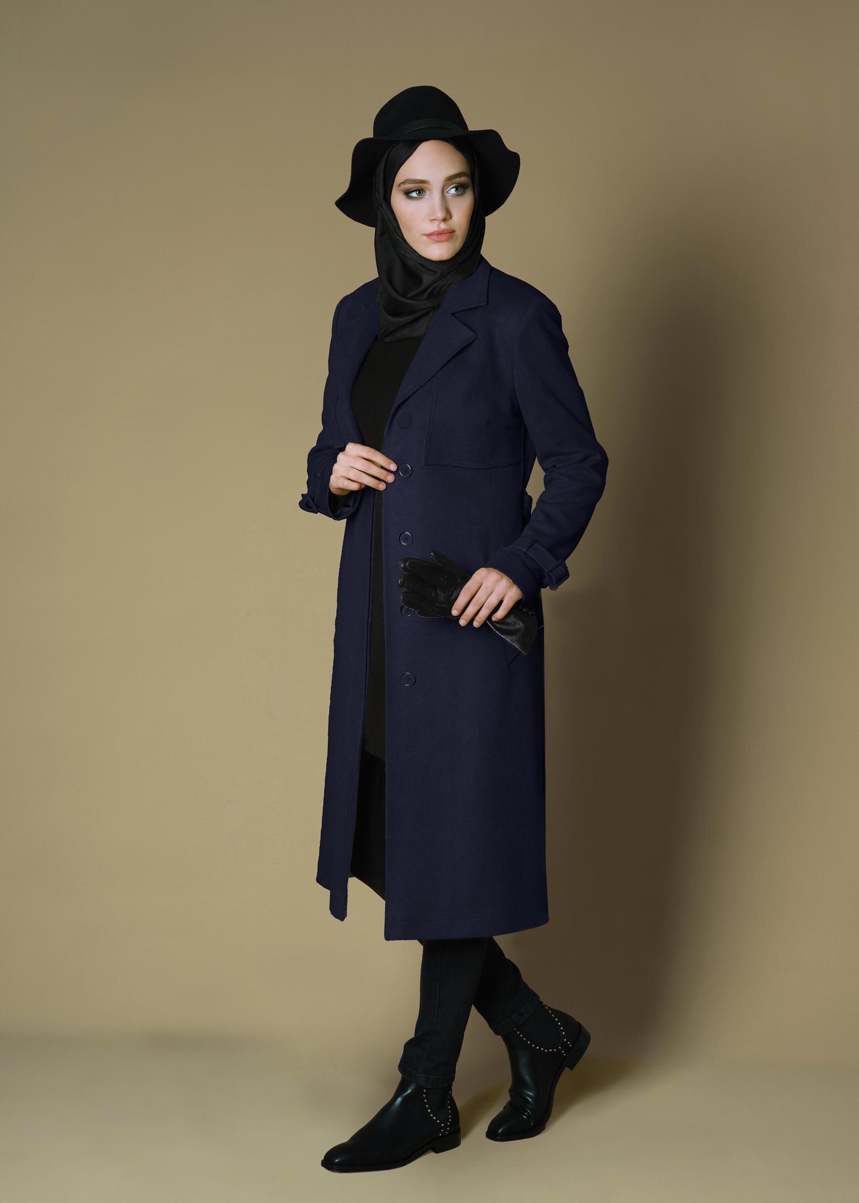 Tesettür giyim LACİVERT KUŞAKLI GİZLİ DÜĞMELİ TRENÇKOT 1169 
