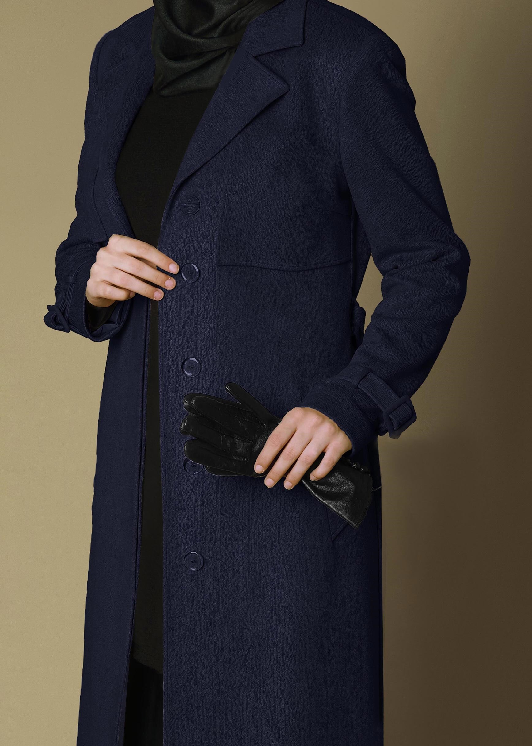 Tesettür giyim LACİVERT KUŞAKLI GİZLİ DÜĞMELİ TRENÇKOT 1169 