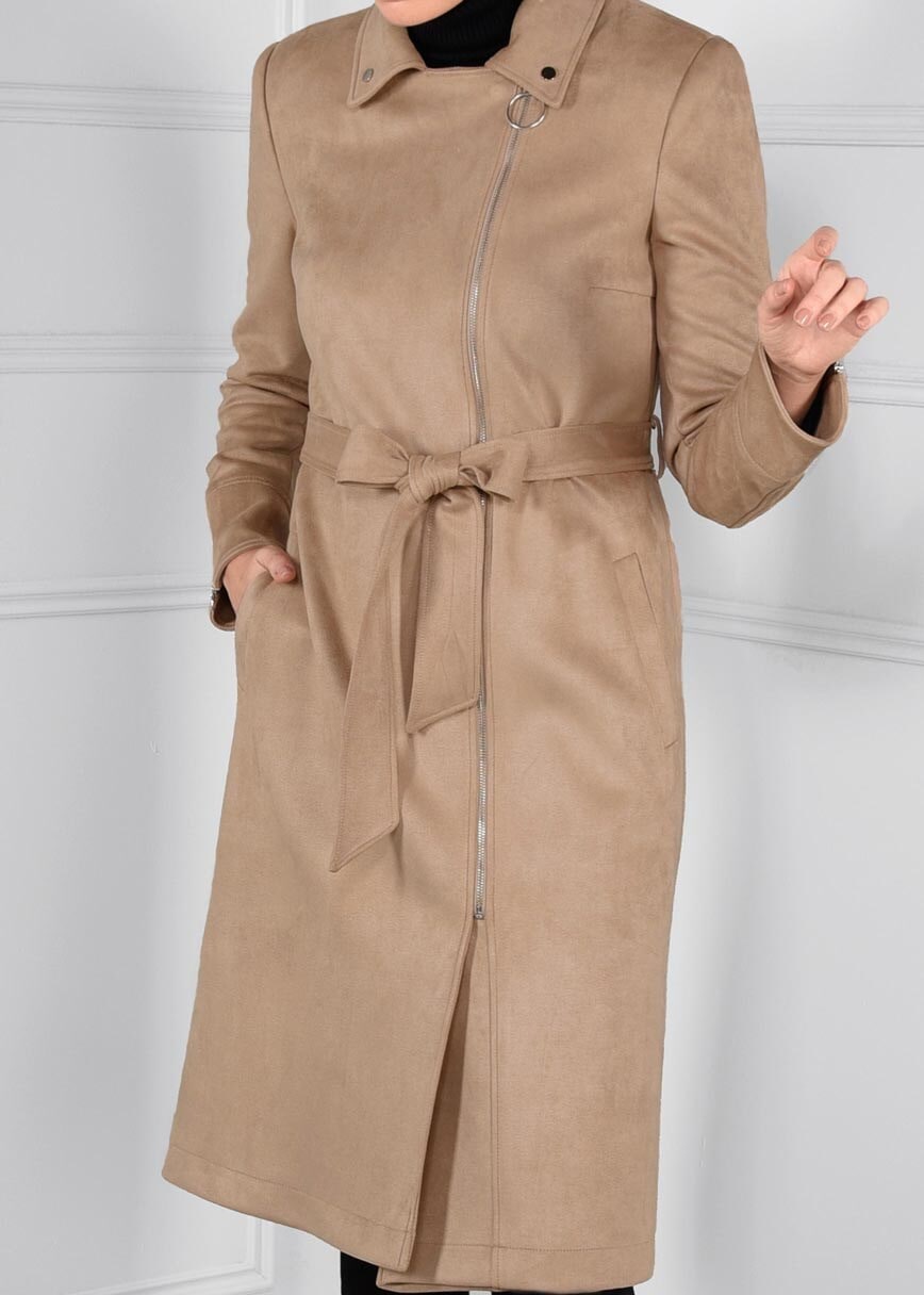 Tesettür giyim BEJ CEPLİ FERMUARLI KRUVAZE SÜET TRENÇKOT 1170