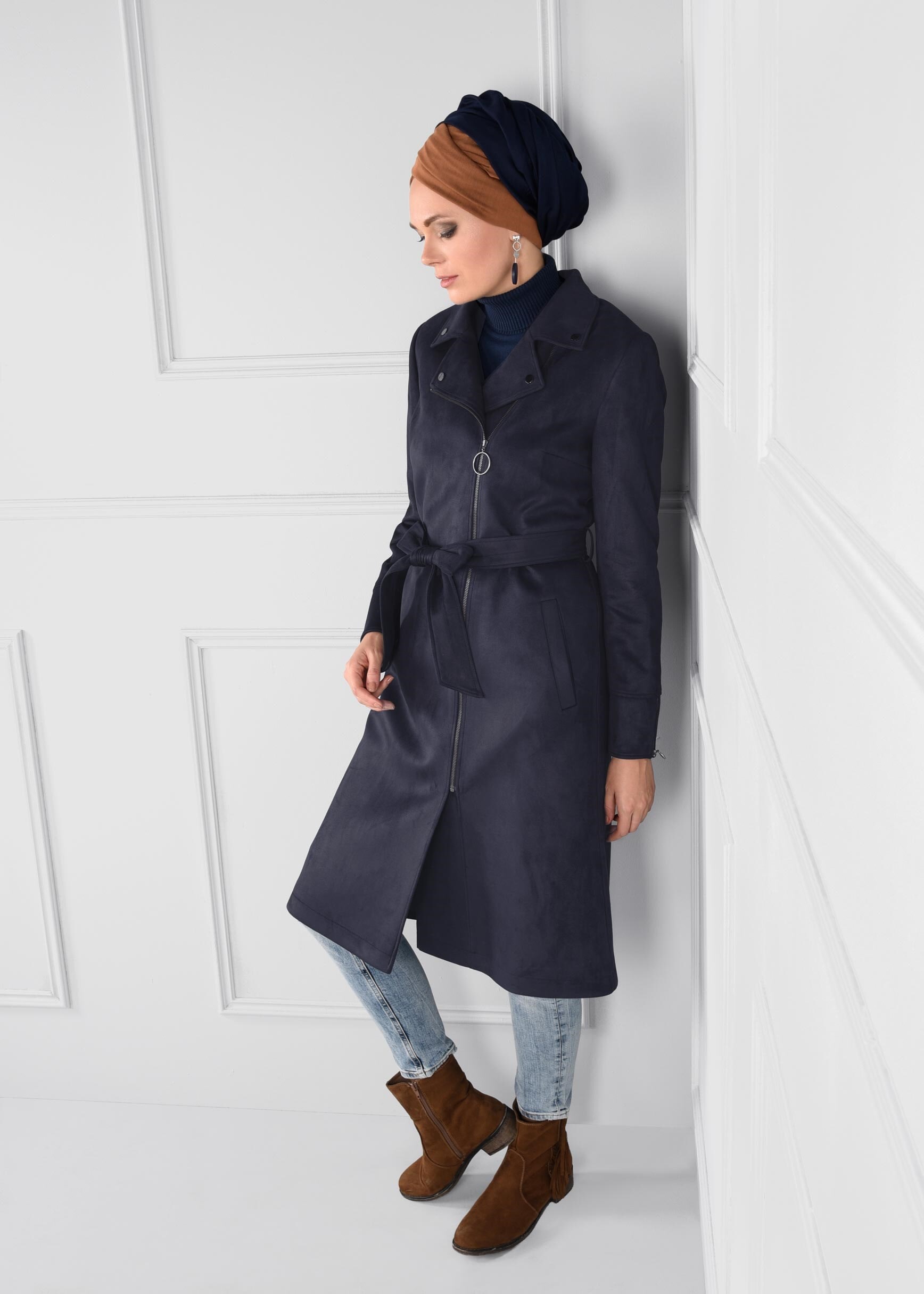 Tesettür giyim LACİVERT CEPLİ FERMUARLI KRUVAZE SÜET TRENÇKOT 1170