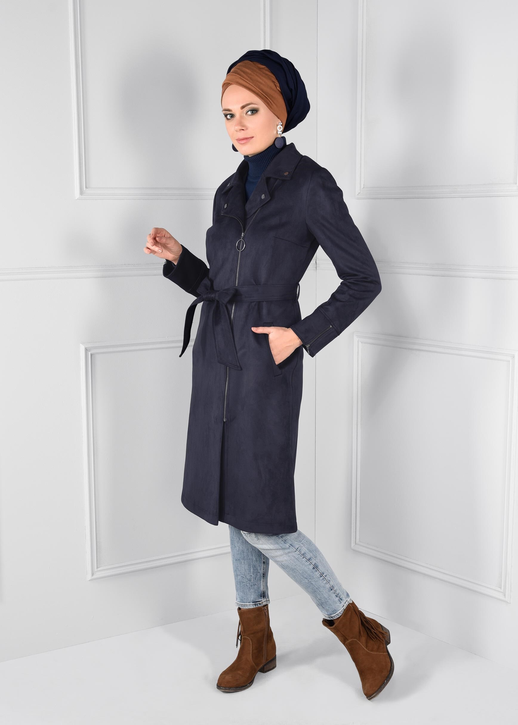 Tesettür giyim LACİVERT CEPLİ FERMUARLI KRUVAZE SÜET TRENÇKOT 1170
