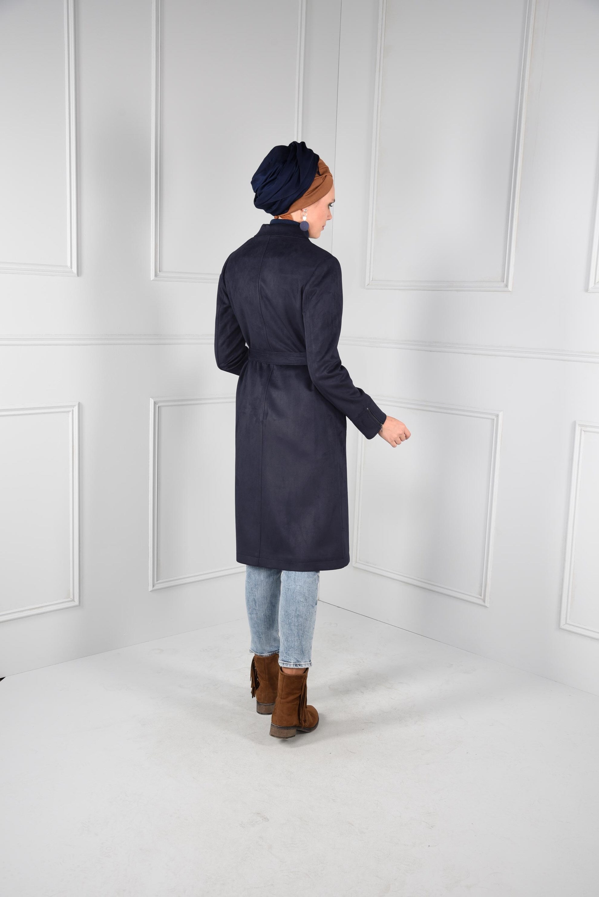 Tesettür giyim LACİVERT CEPLİ FERMUARLI KRUVAZE SÜET TRENÇKOT 1170