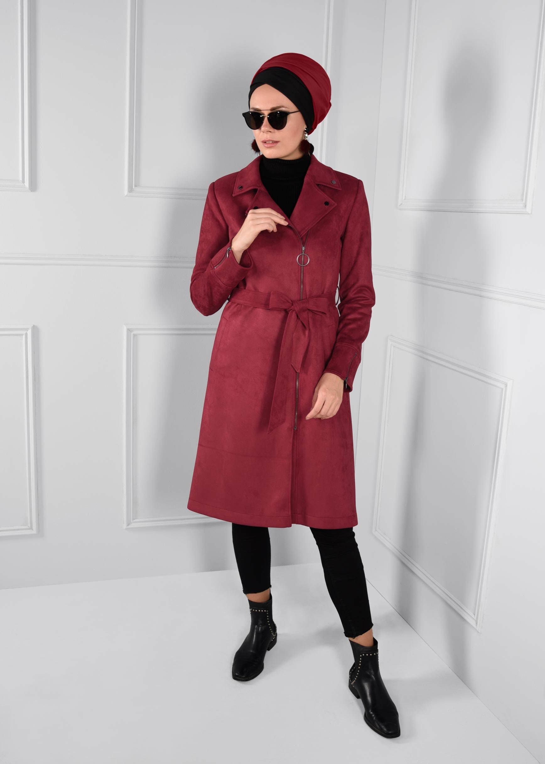 Tesettür giyim BORDO CEPLİ FERMUARLI KRUVAZE SÜET TRENÇKOT 1170