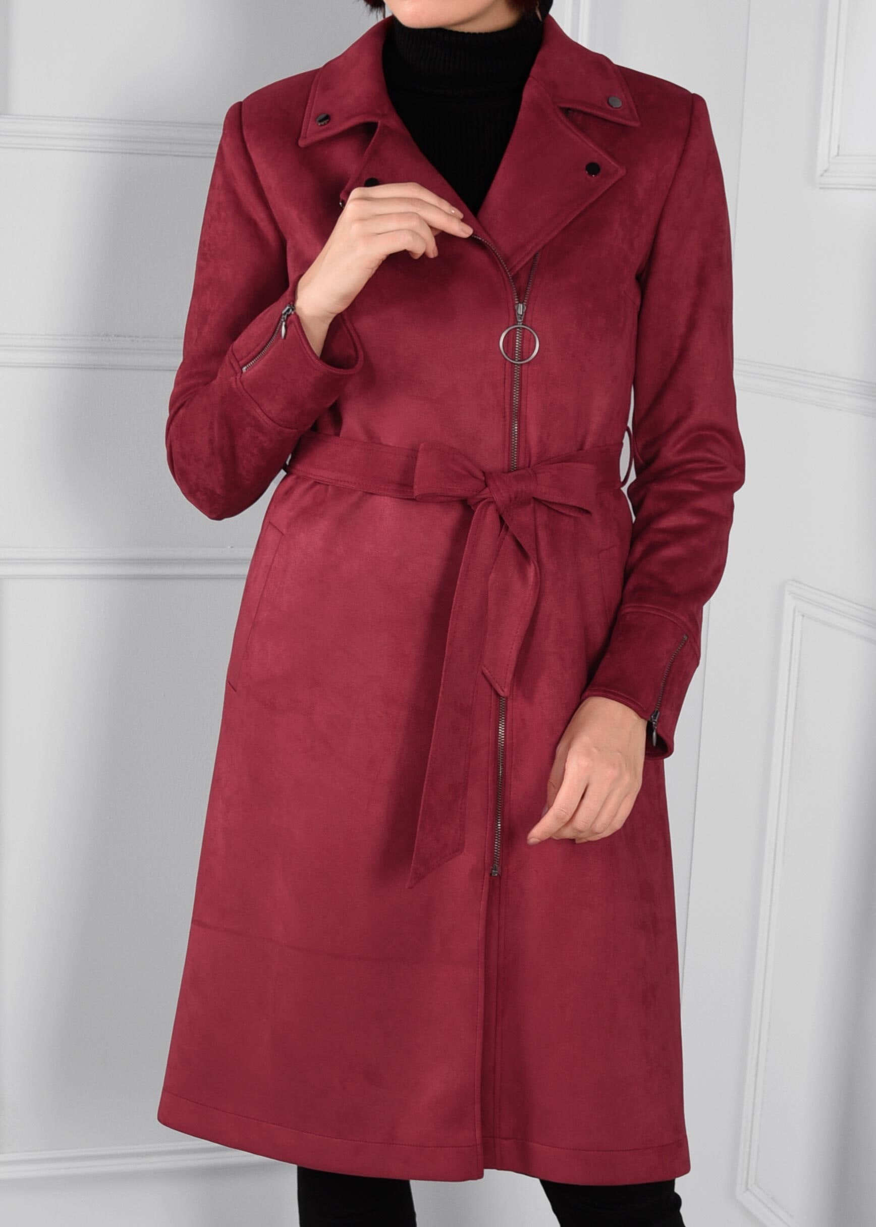 Tesettür giyim BORDO CEPLİ FERMUARLI KRUVAZE SÜET TRENÇKOT 1170