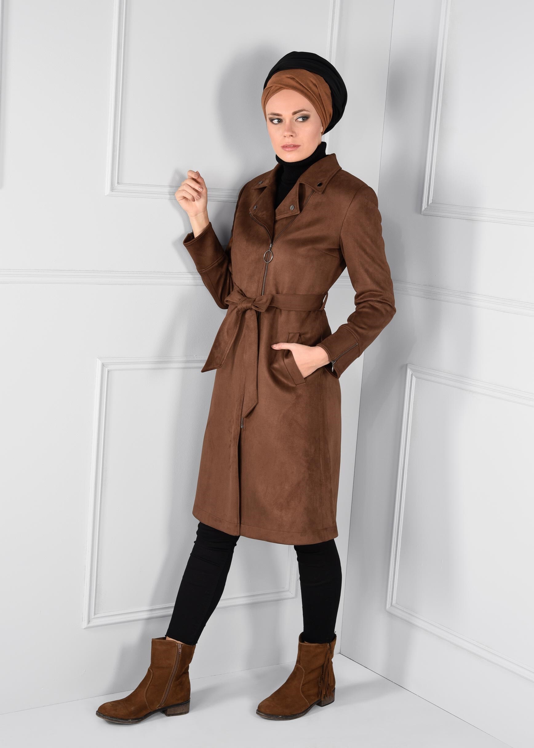 Tesettür giyim KAHVE CEPLİ FERMUARLI KRUVAZE SÜET TRENÇKOT 1170