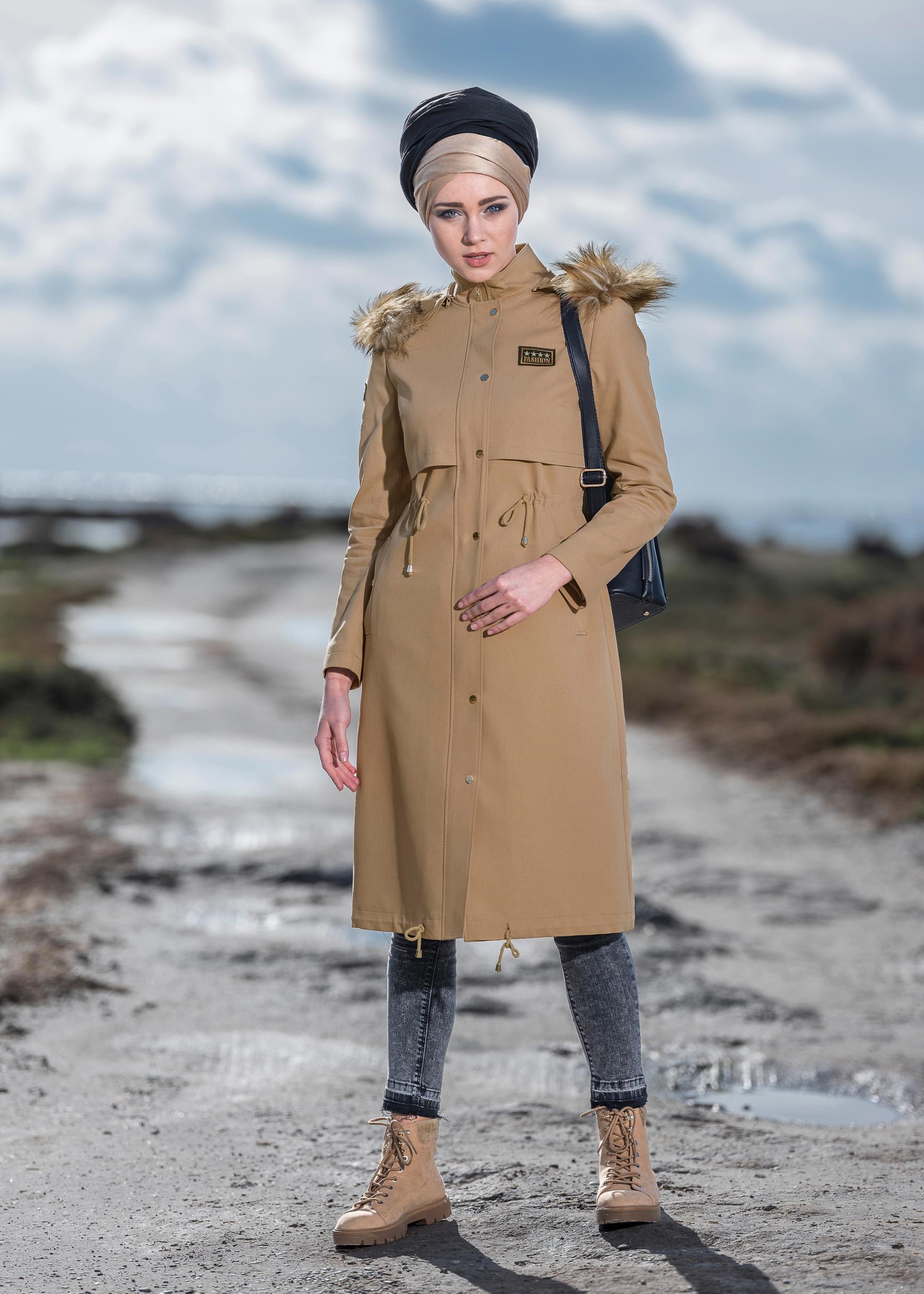 Tesettür giyim KAHVE BELDEN BÜZGÜLÜ ÇITÇITLI TRENÇKOT 1171