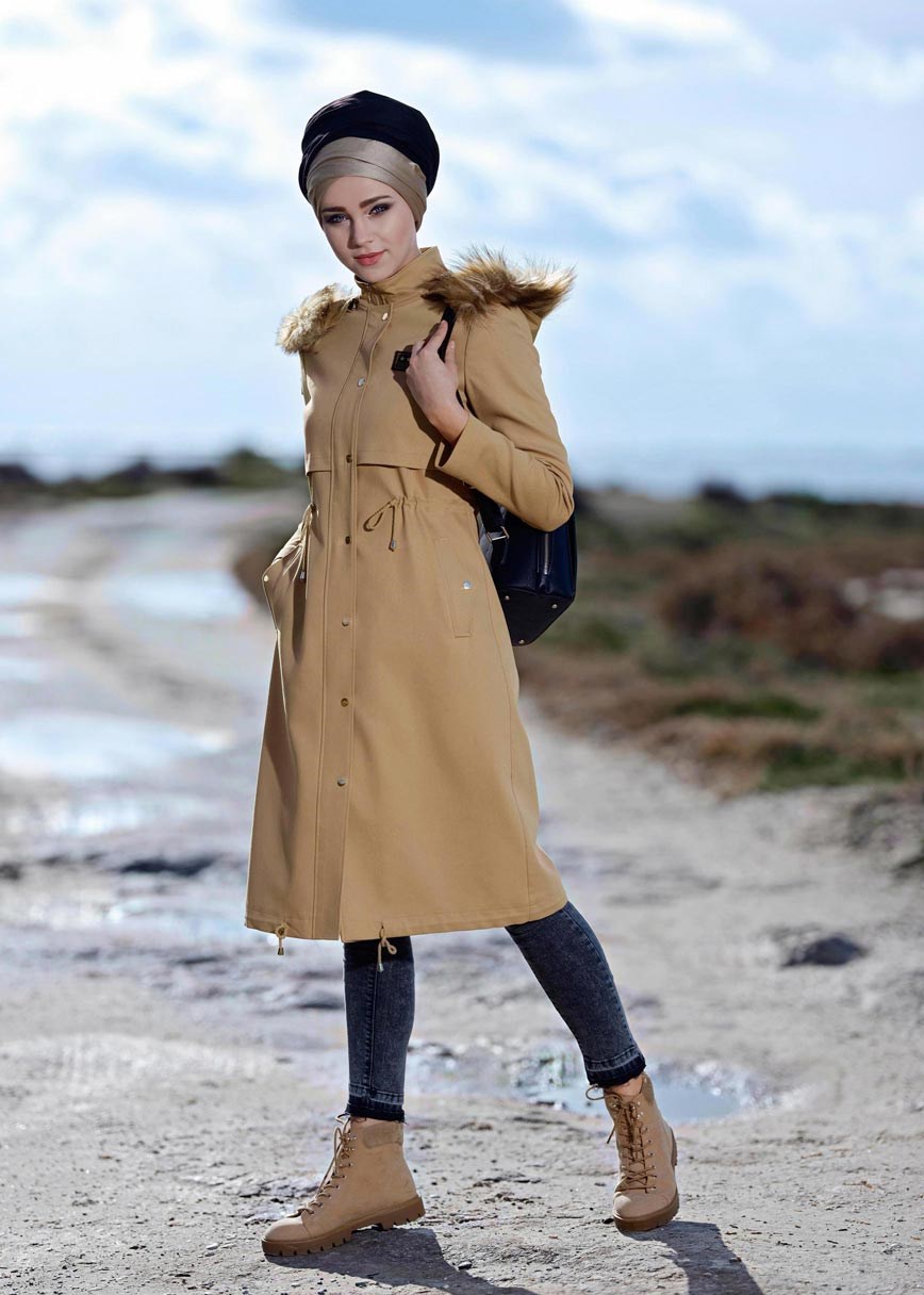 Tesettür giyim KAHVE BELDEN BÜZGÜLÜ ÇITÇITLI TRENÇKOT 1171