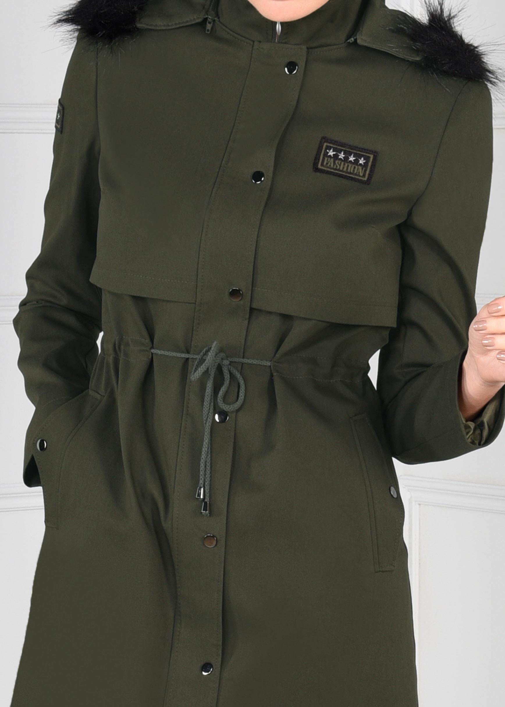 Tesettür giyim HAKİ BELDEN BÜZGÜLÜ ÇITÇITLI TRENÇKOT 1171