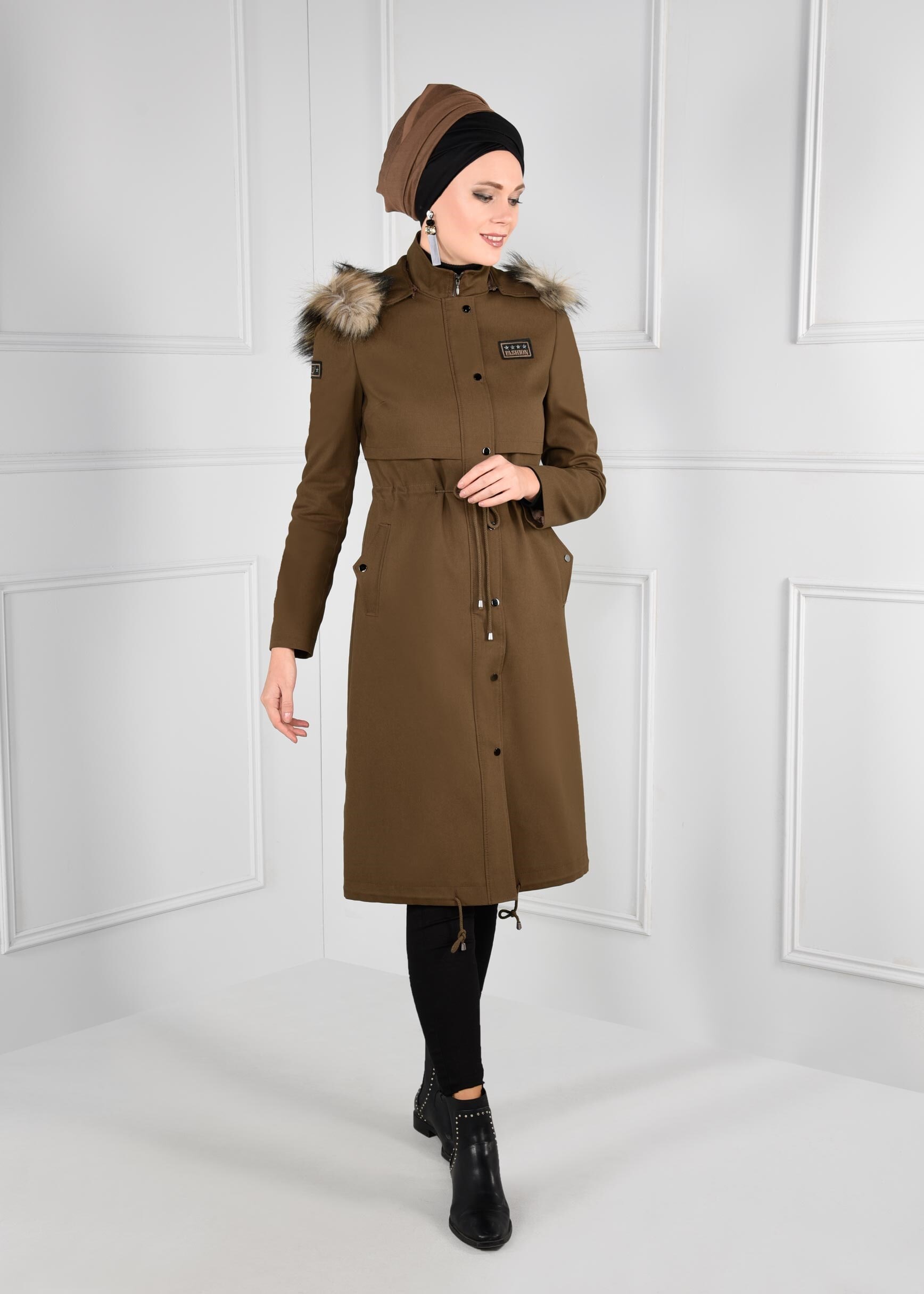 Tesettür giyim KAHVE BELDEN BÜZGÜLÜ ÇITÇITLI TRENÇKOT 1171