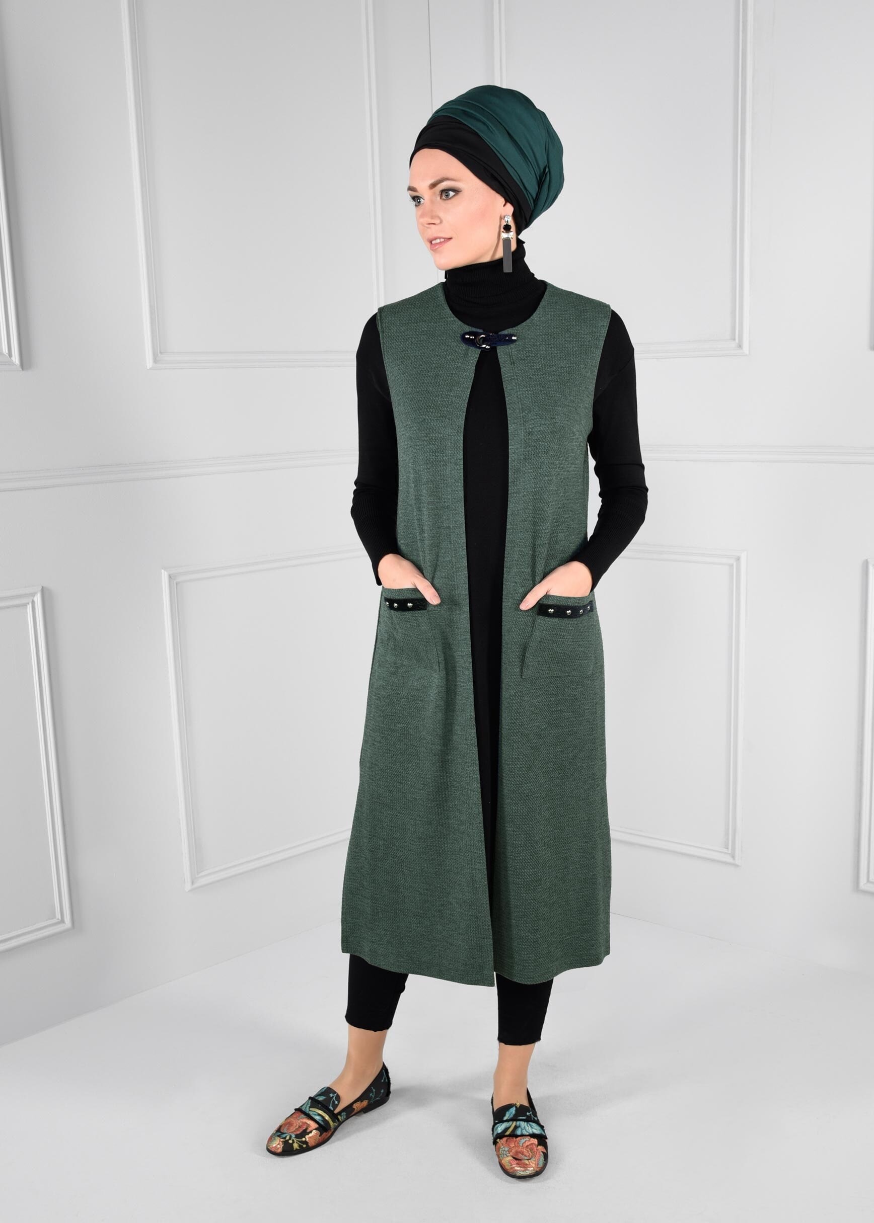 Tesettür giyim YEŞİL YAKASI KEMERLİ CEPLİ YELEK 4611 