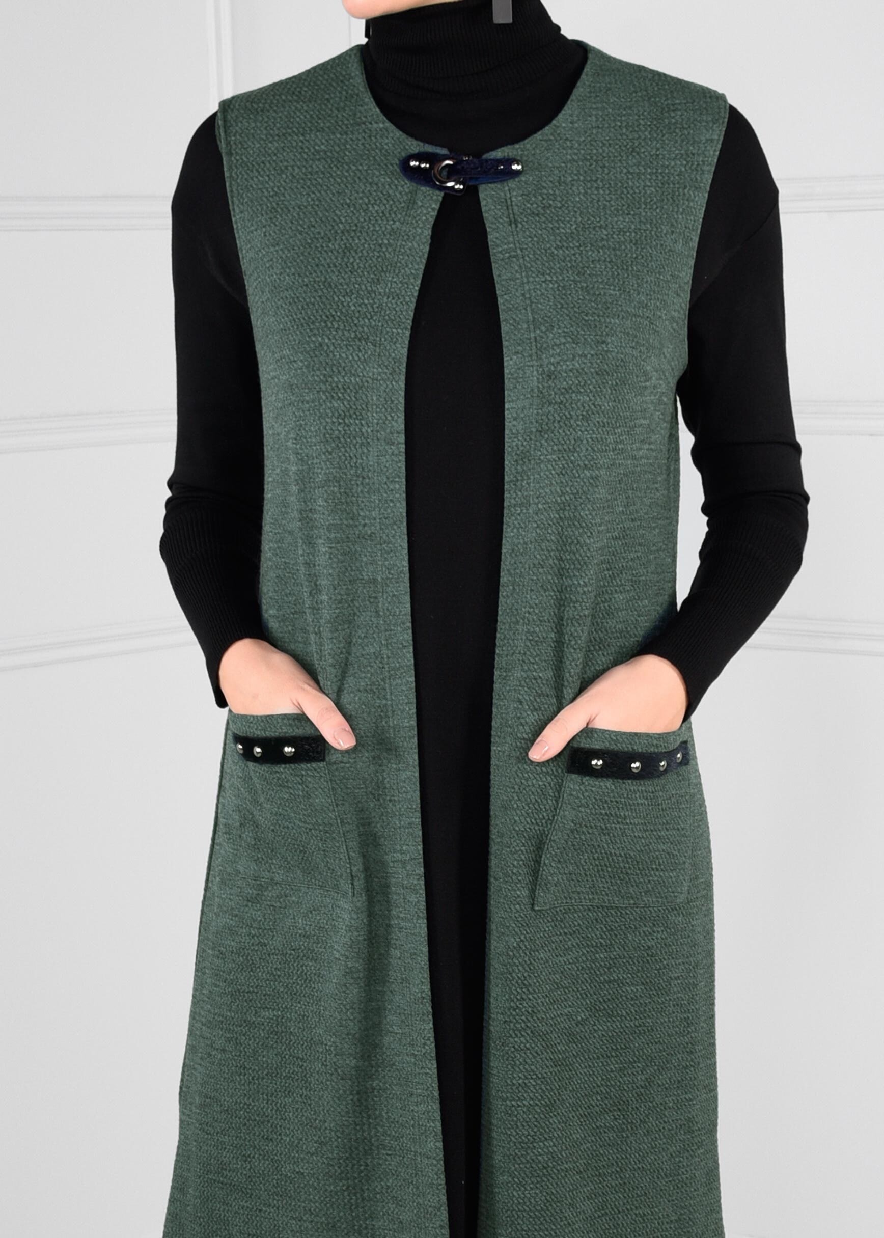 Tesettür giyim YEŞİL YAKASI KEMERLİ CEPLİ YELEK 4611 