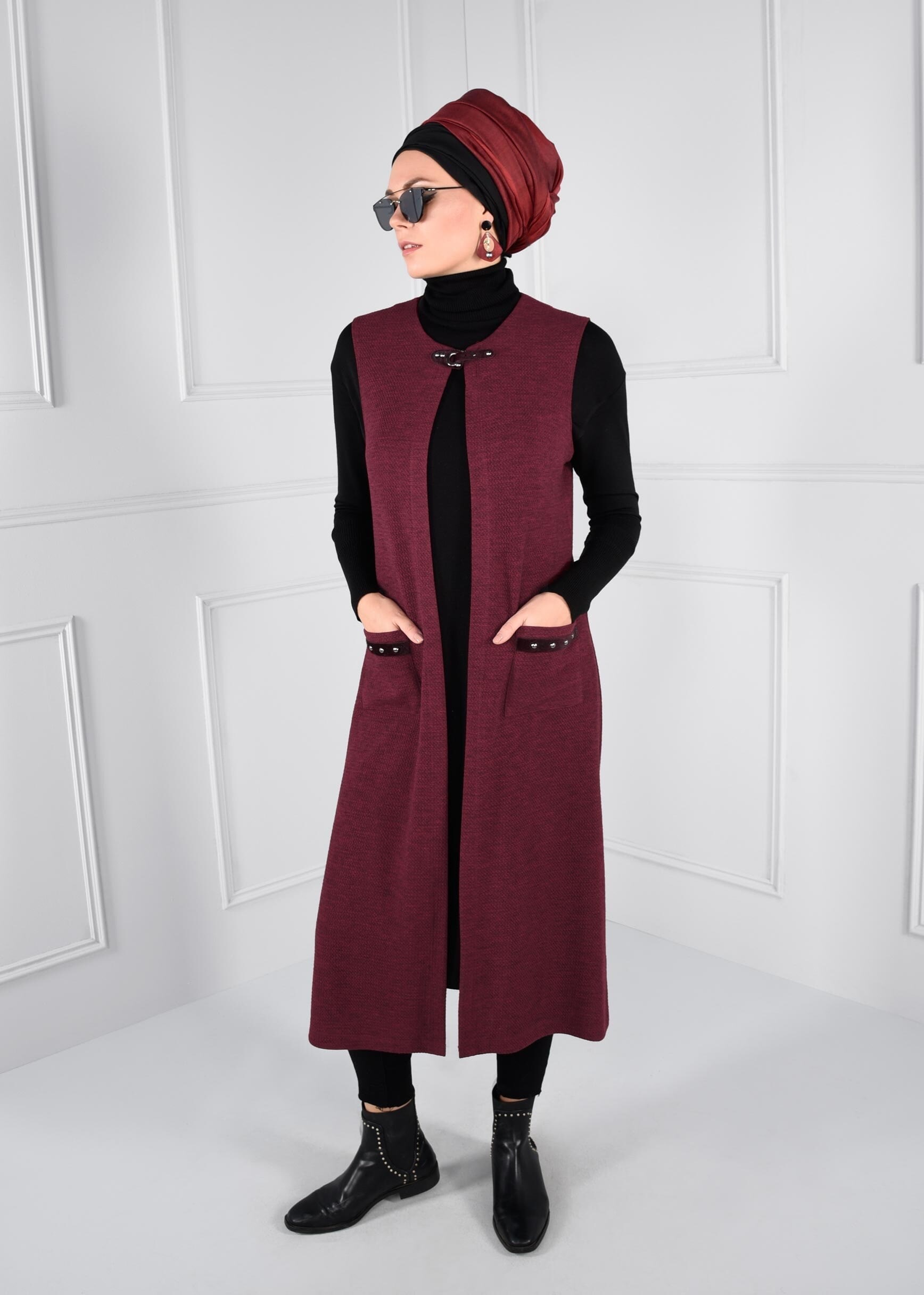 Tesettür giyim BORDO YAKASI KEMERLİ CEPLİ YELEK 4611 