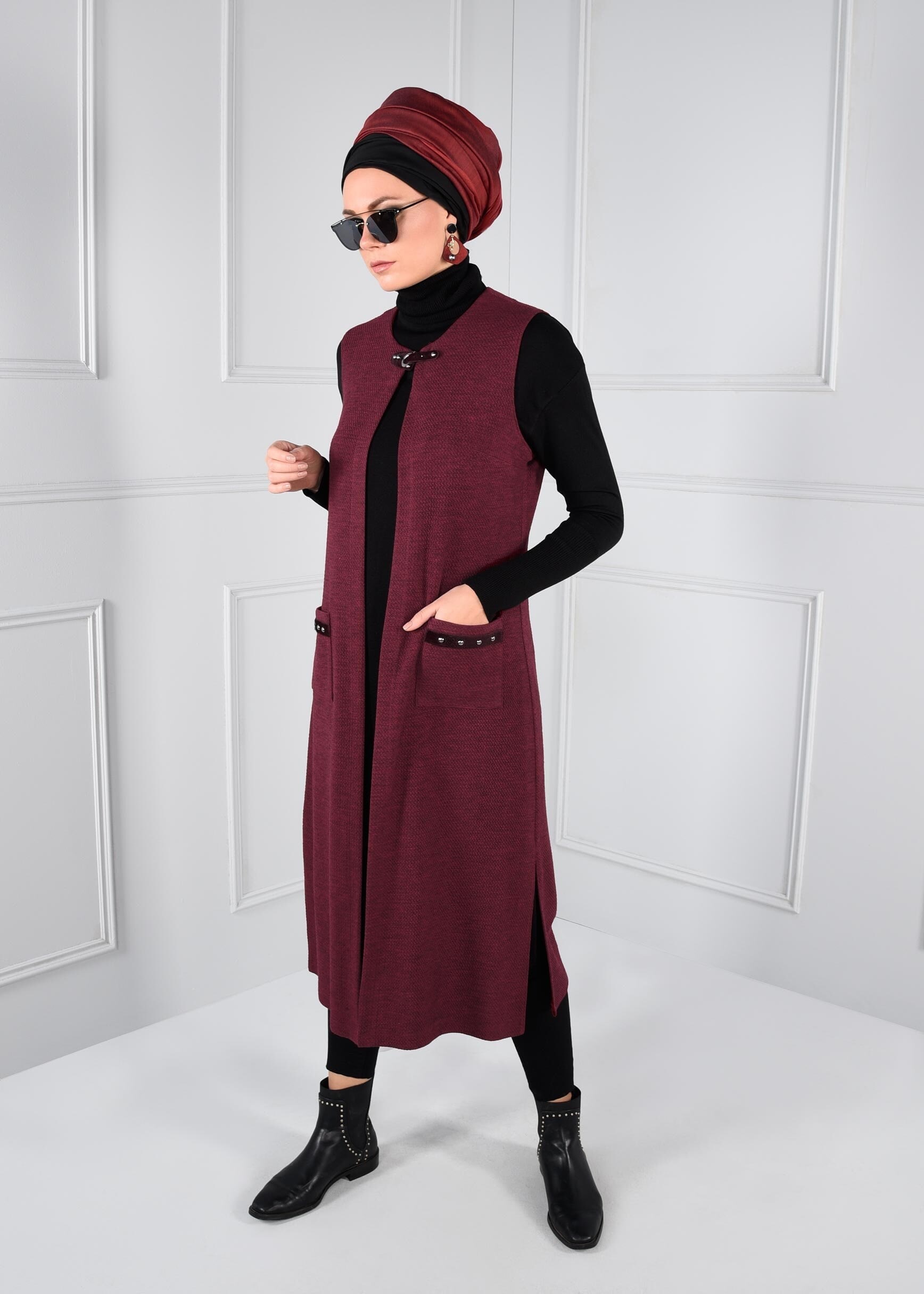 Tesettür giyim BORDO YAKASI KEMERLİ CEPLİ YELEK 4611 