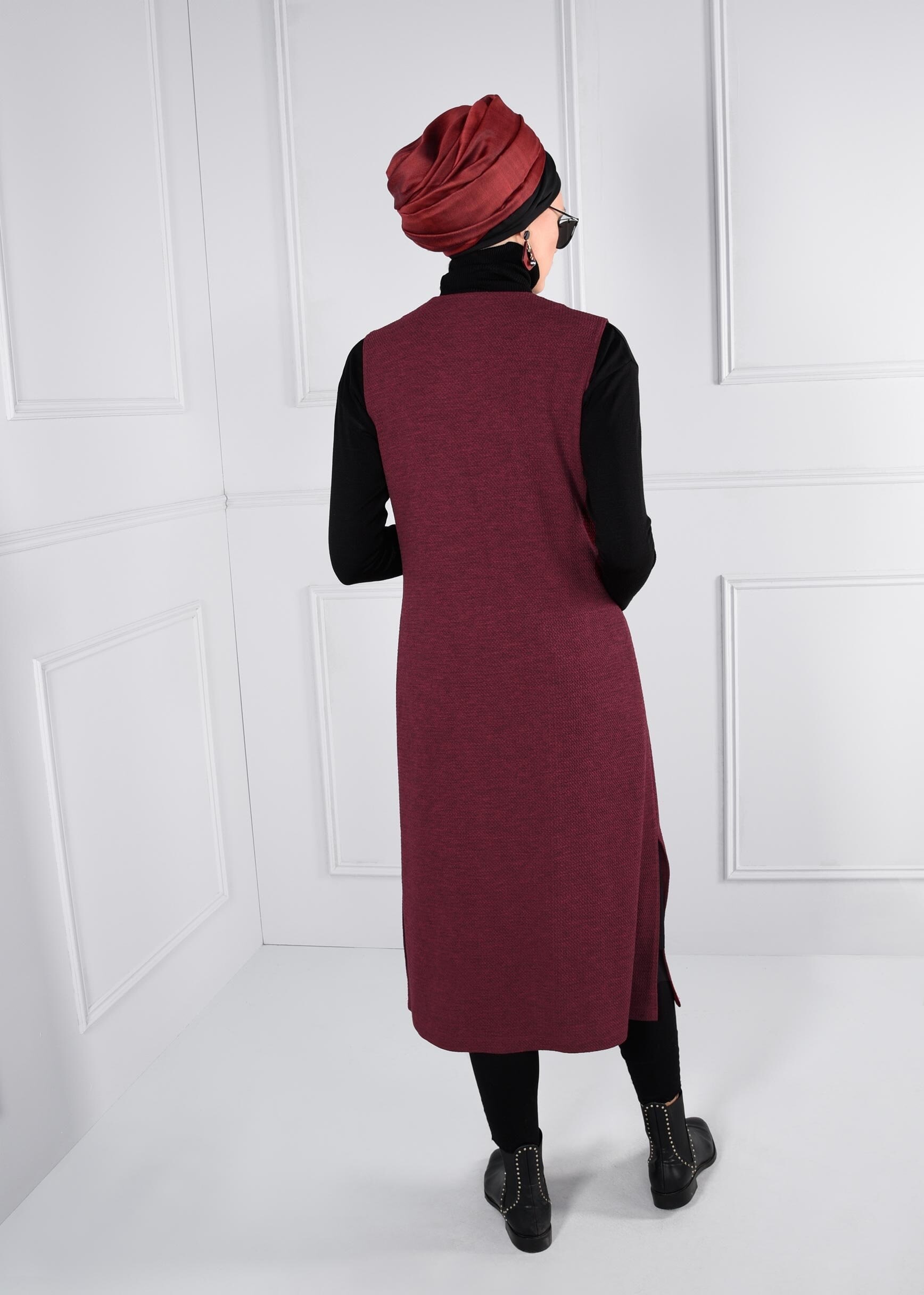 Tesettür giyim BORDO YAKASI KEMERLİ CEPLİ YELEK 4611 
