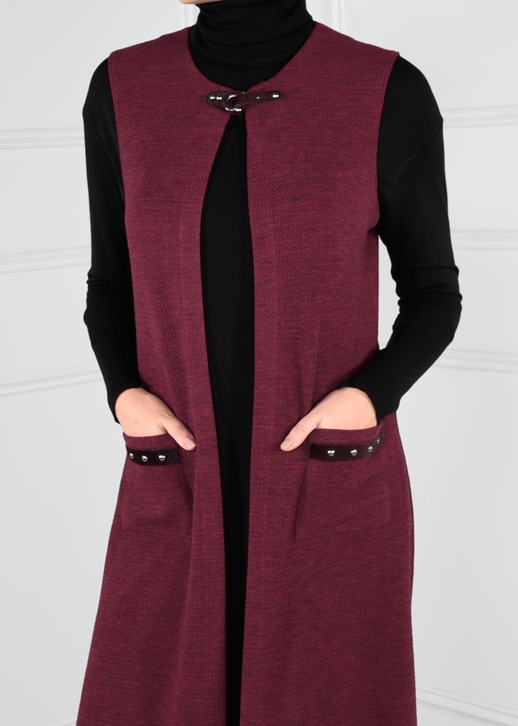 Tesettür giyim BORDO YAKASI KEMERLİ CEPLİ YELEK 4611 