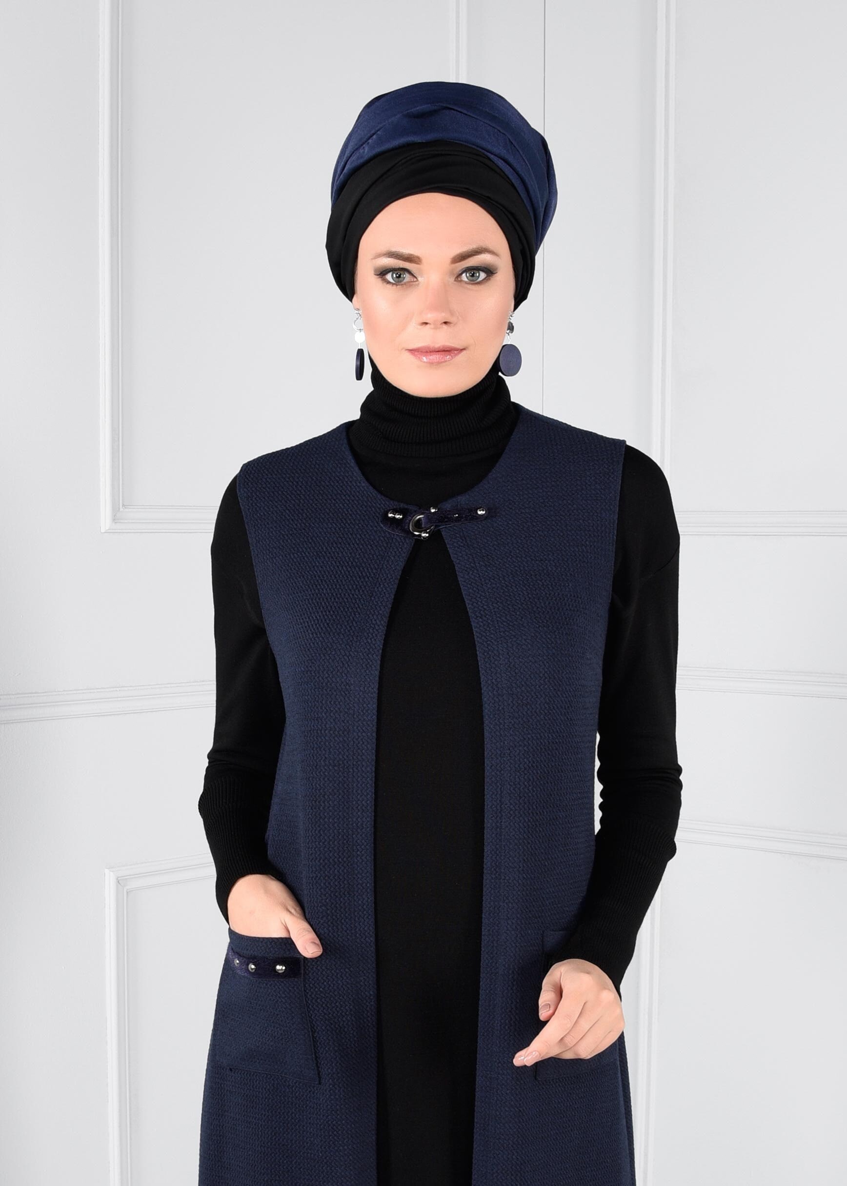 Tesettür giyim LACİVERT YAKASI KEMERLİ CEPLİ YELEK 4611 