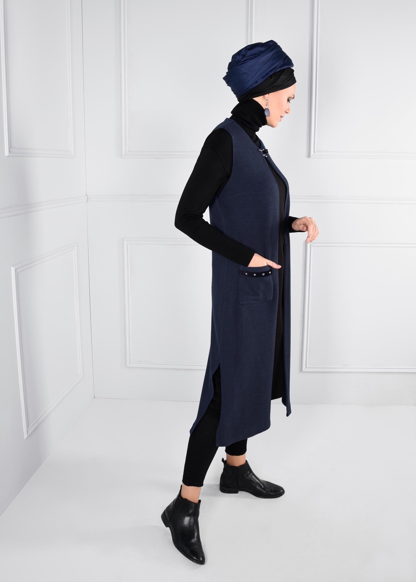 Tesettür giyim LACİVERT YAKASI KEMERLİ CEPLİ YELEK 4611 