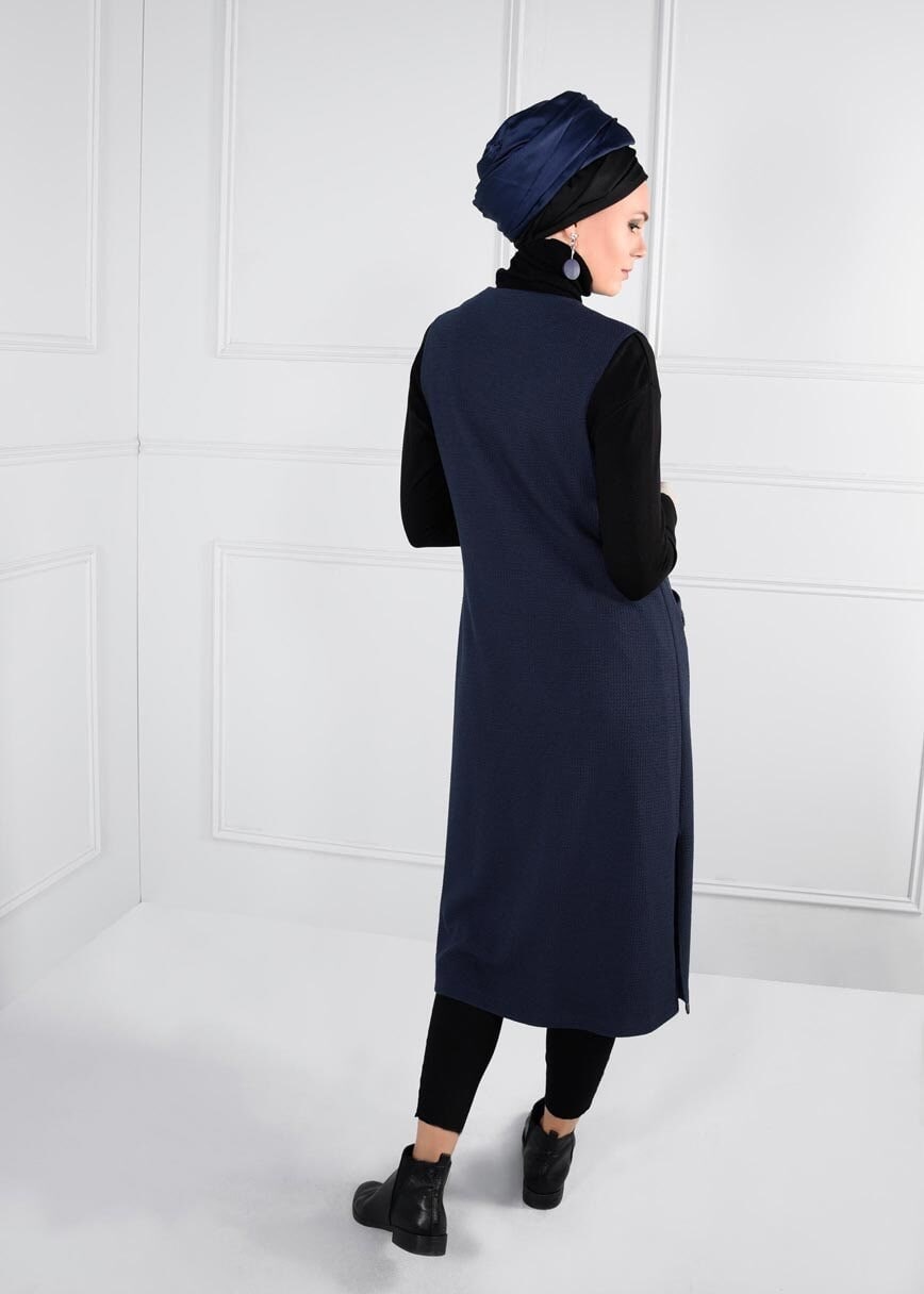 Tesettür giyim LACİVERT YAKASI KEMERLİ CEPLİ YELEK 4611 