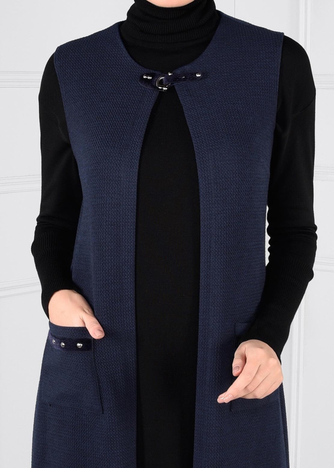 Tesettür giyim LACİVERT YAKASI KEMERLİ CEPLİ YELEK 4611 