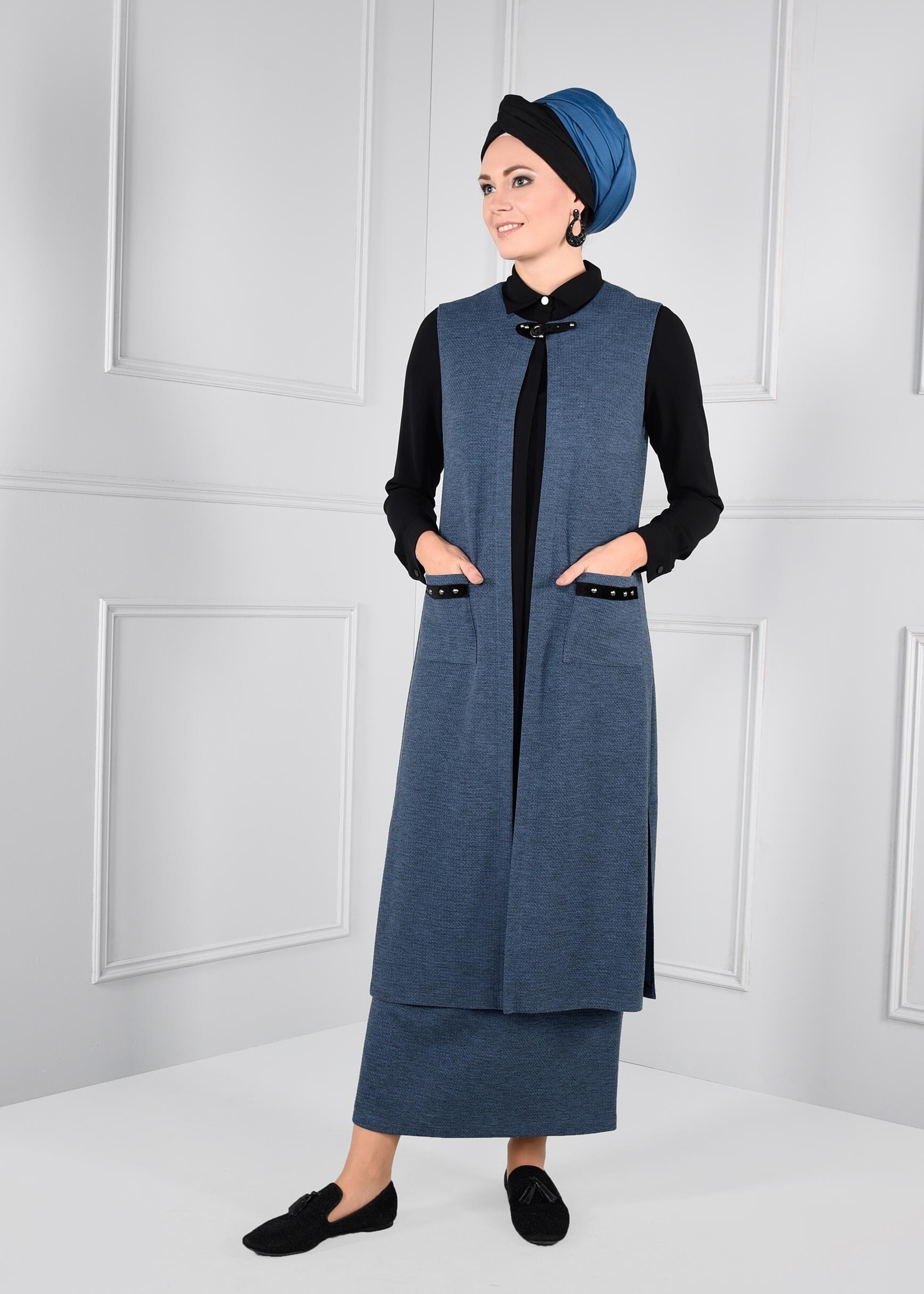 Tesettür giyim LACİVERT YAKASI KEMERLİ CEPLİ YELEK 4611 
