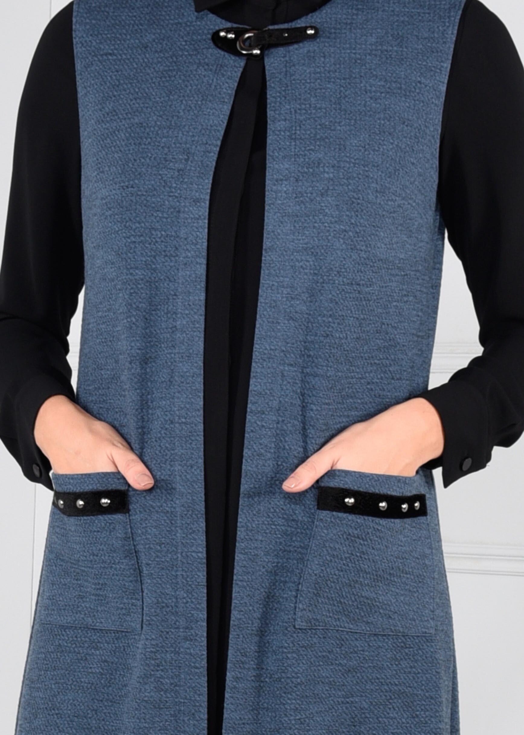 Tesettür giyim LACİVERT YAKASI KEMERLİ CEPLİ YELEK 4611 