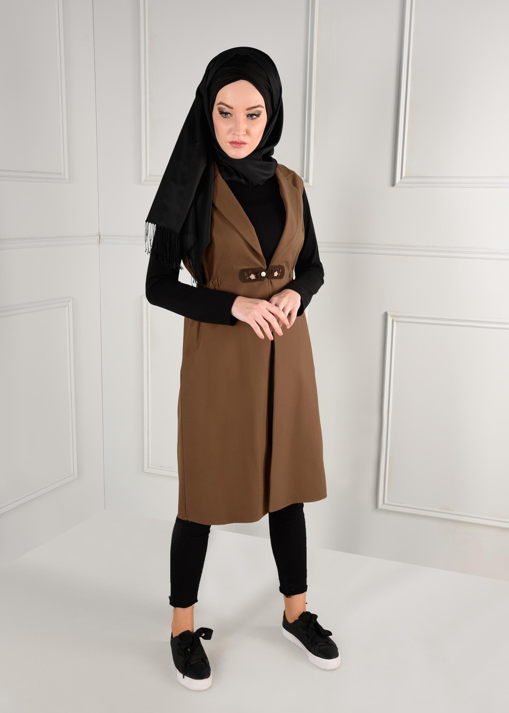 Tesettür giyim KAHVE BELİ LASTİKLİ CEPLİ YELEK 4648 
