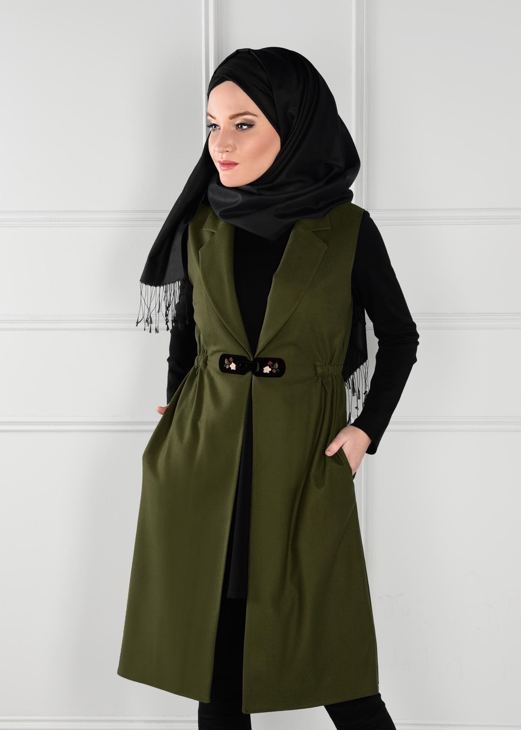 Tesettür giyim HAKİ BELİ LASTİKLİ CEPLİ YELEK 4648 