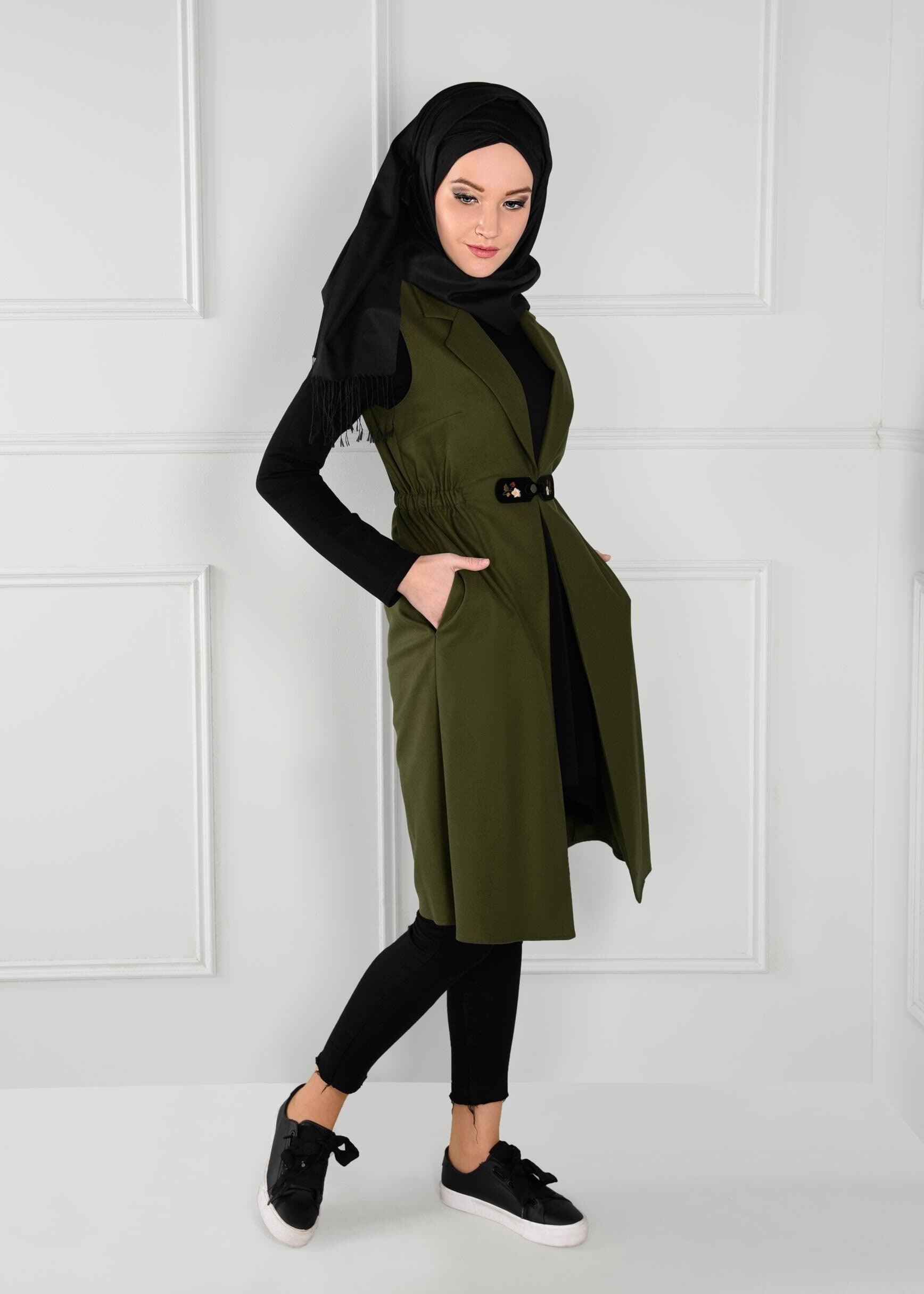 Tesettür giyim HAKİ BELİ LASTİKLİ CEPLİ YELEK 4648 