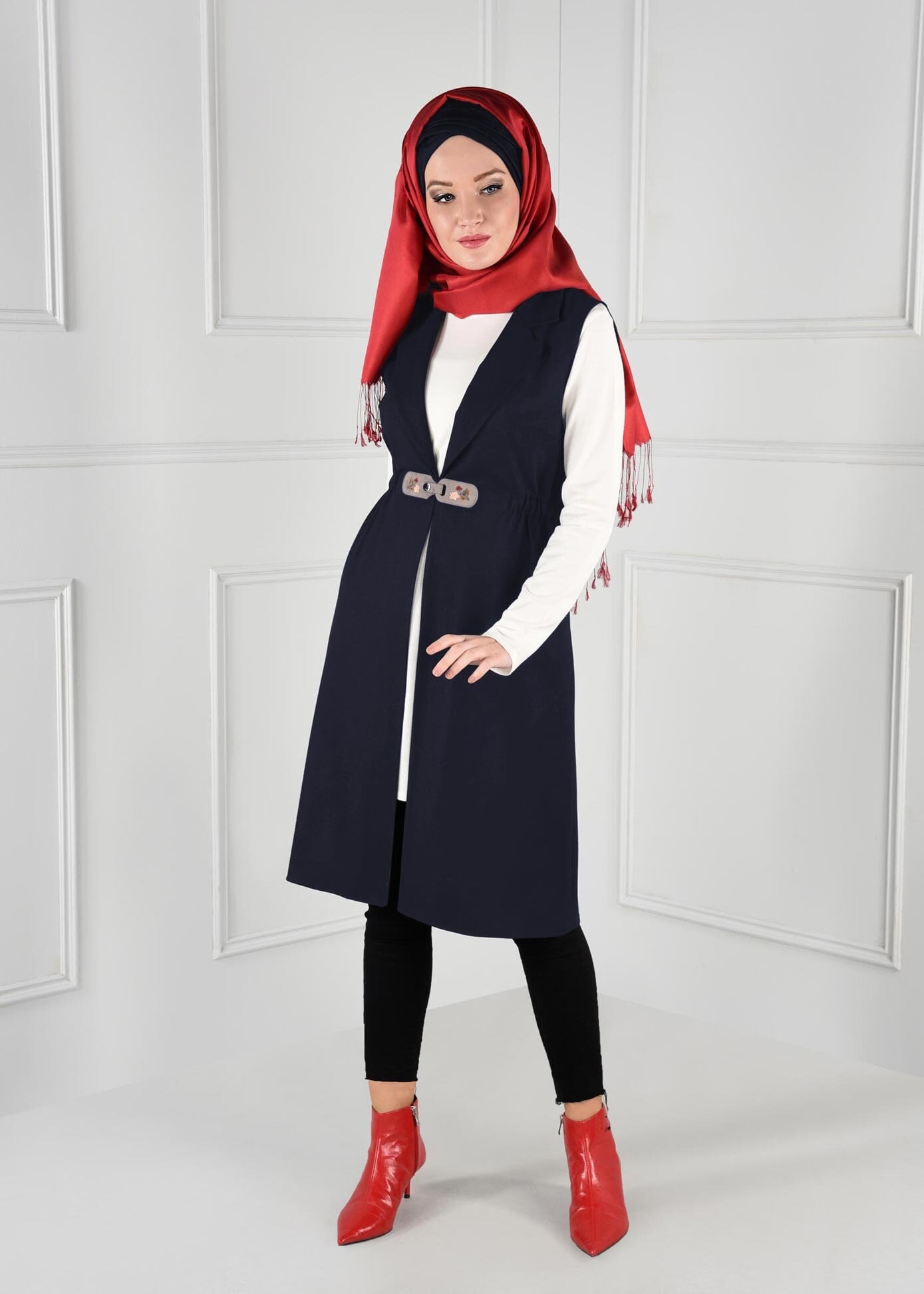 Tesettür giyim LACİVERT BELİ LASTİKLİ CEPLİ YELEK 4648 