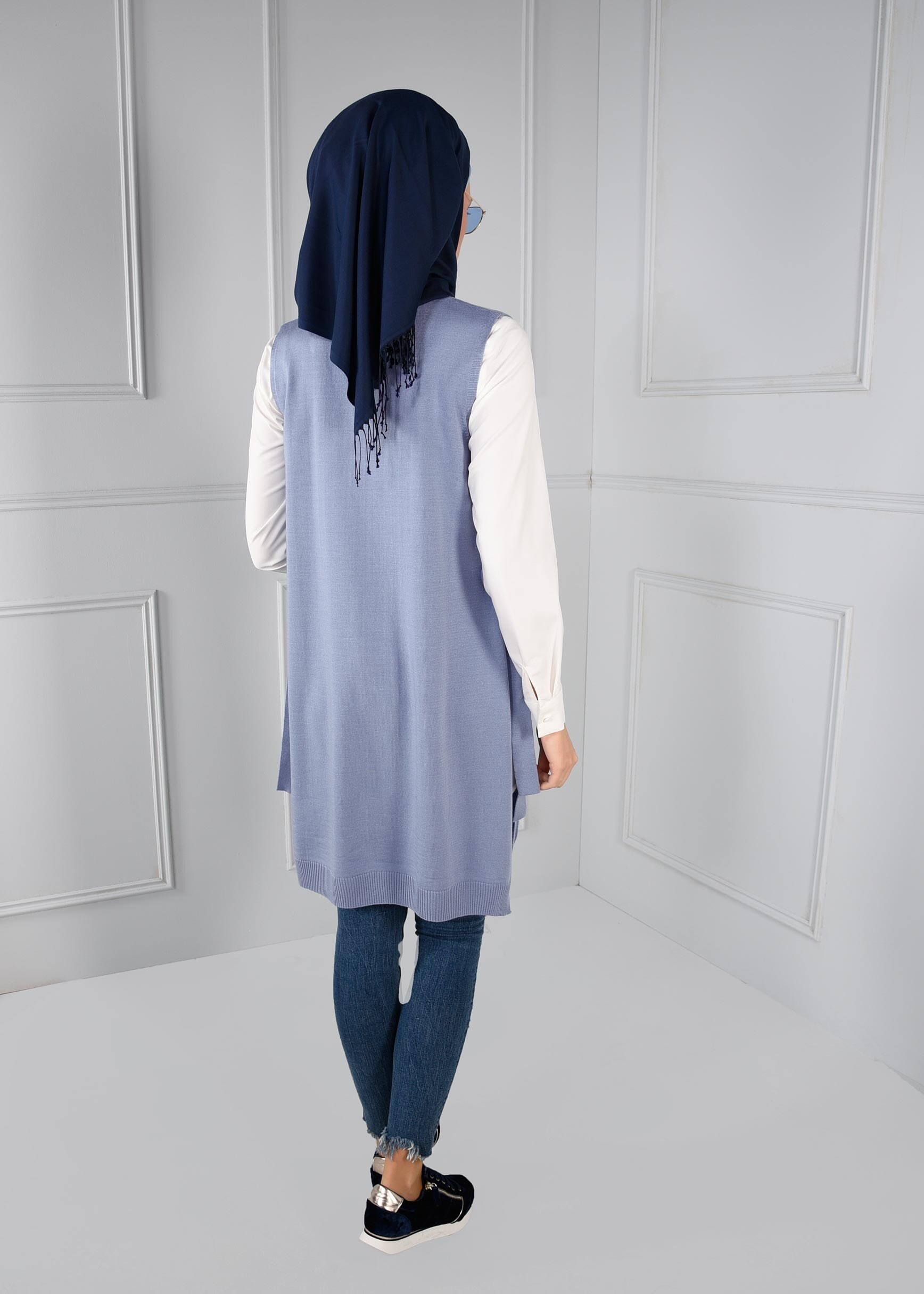 Tesettür giyim MAVİ YANDAN BAĞCIKLI V YAKA TRİKO YELEK 4699 