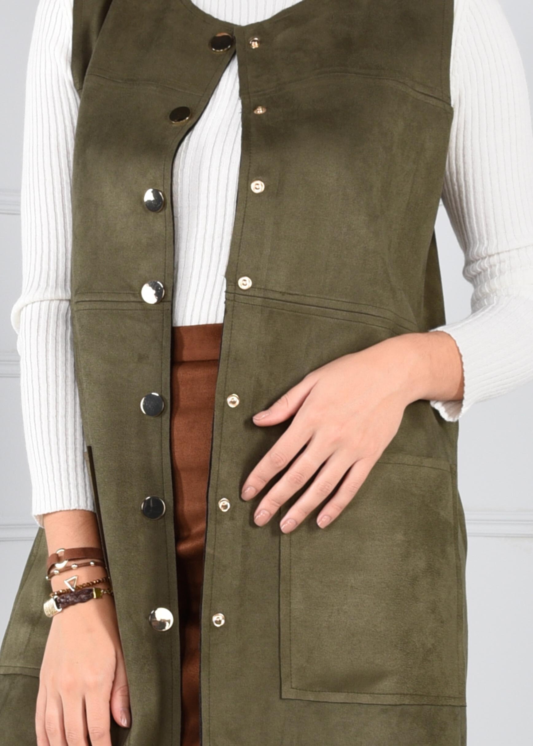 Tesettür giyim HAKİ ÇITÇITLI CEPLİ SÜET YELEK 4704