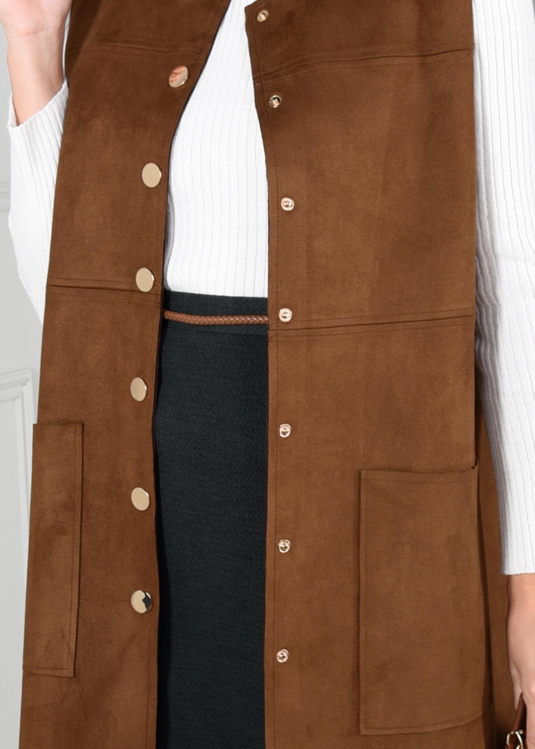 Tesettür giyim KAHVE ÇITÇITLI CEPLİ SÜET YELEK 4704