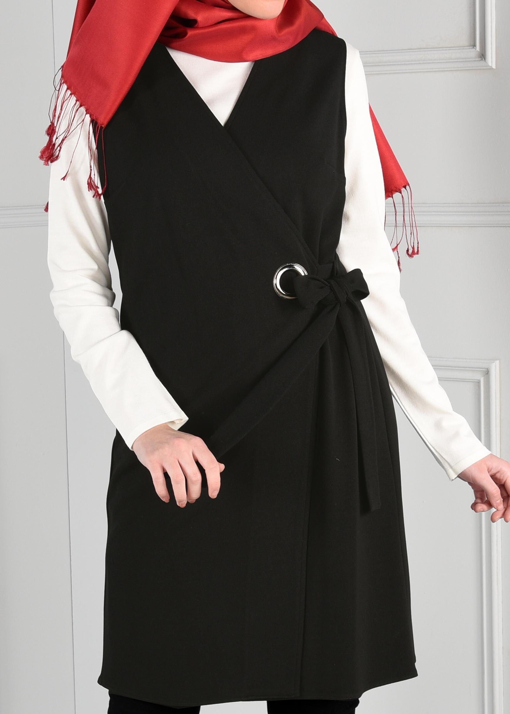 Tesettür giyim SİYAH KUŞAKLI ANVELOP YELEK 4707