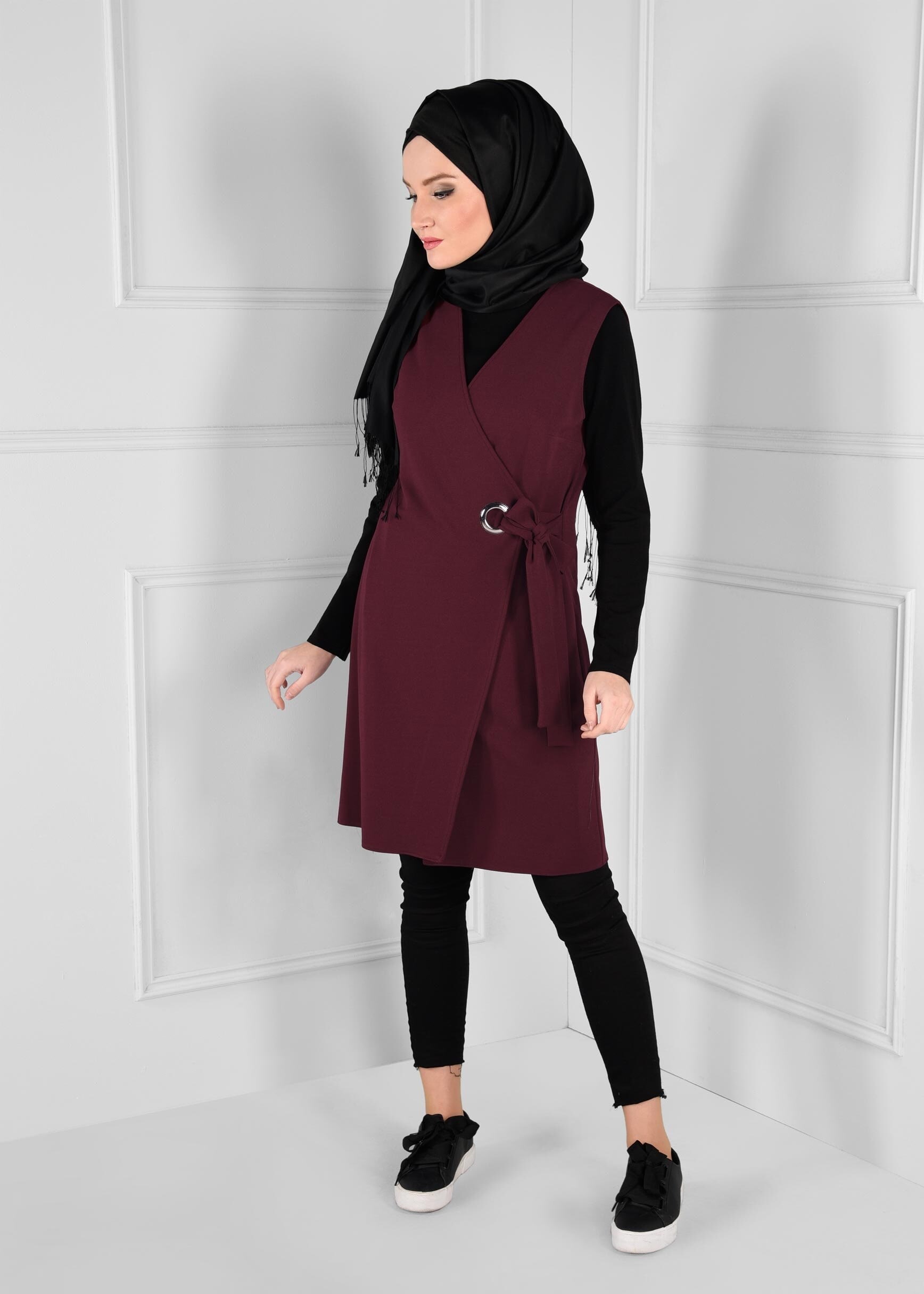Tesettür giyim BORDO KUŞAKLI ANVELOP YELEK 4707