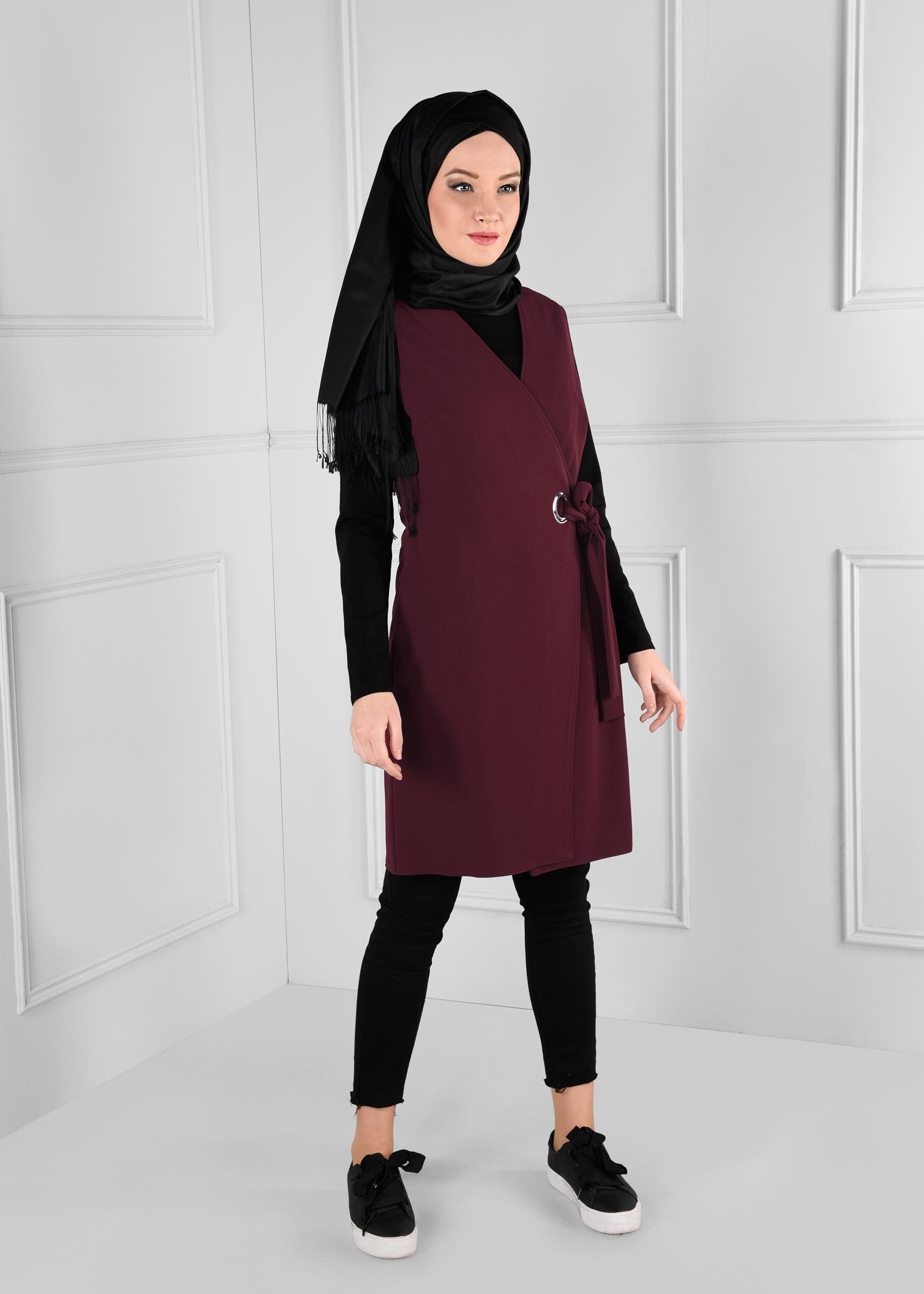 Tesettür giyim BORDO KUŞAKLI ANVELOP YELEK 4707