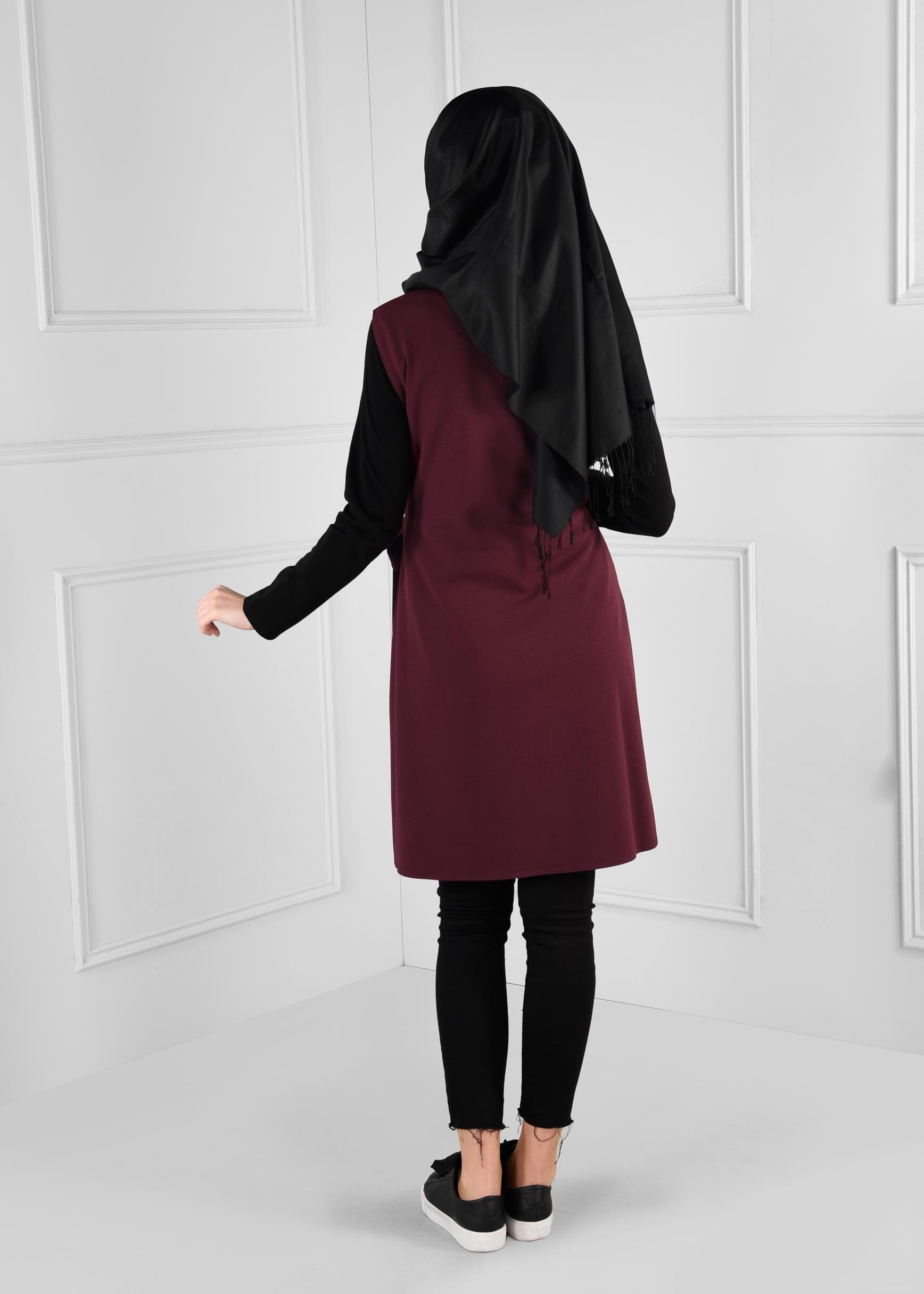 Tesettür giyim BORDO KUŞAKLI ANVELOP YELEK 4707