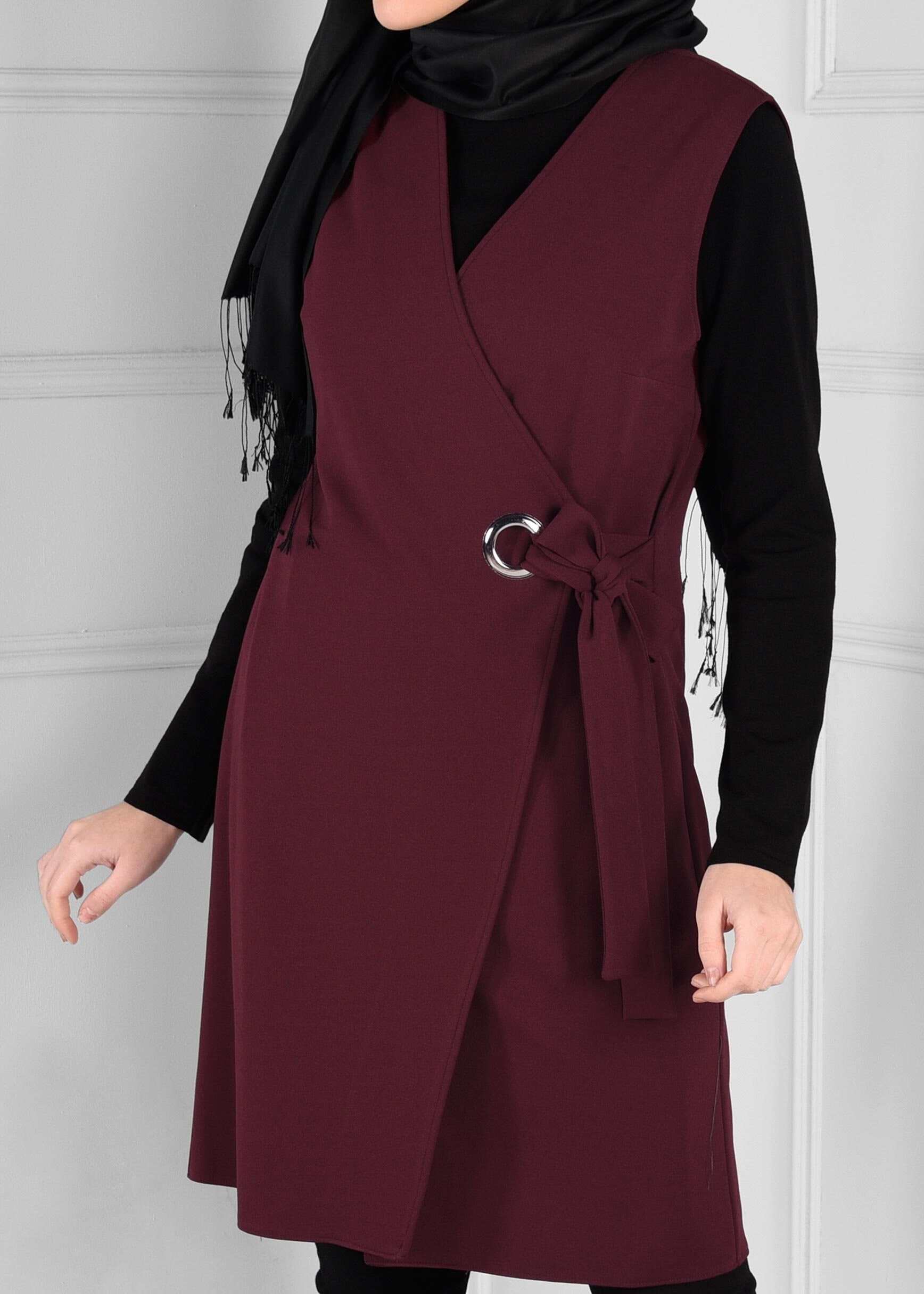 Tesettür giyim BORDO KUŞAKLI ANVELOP YELEK 4707
