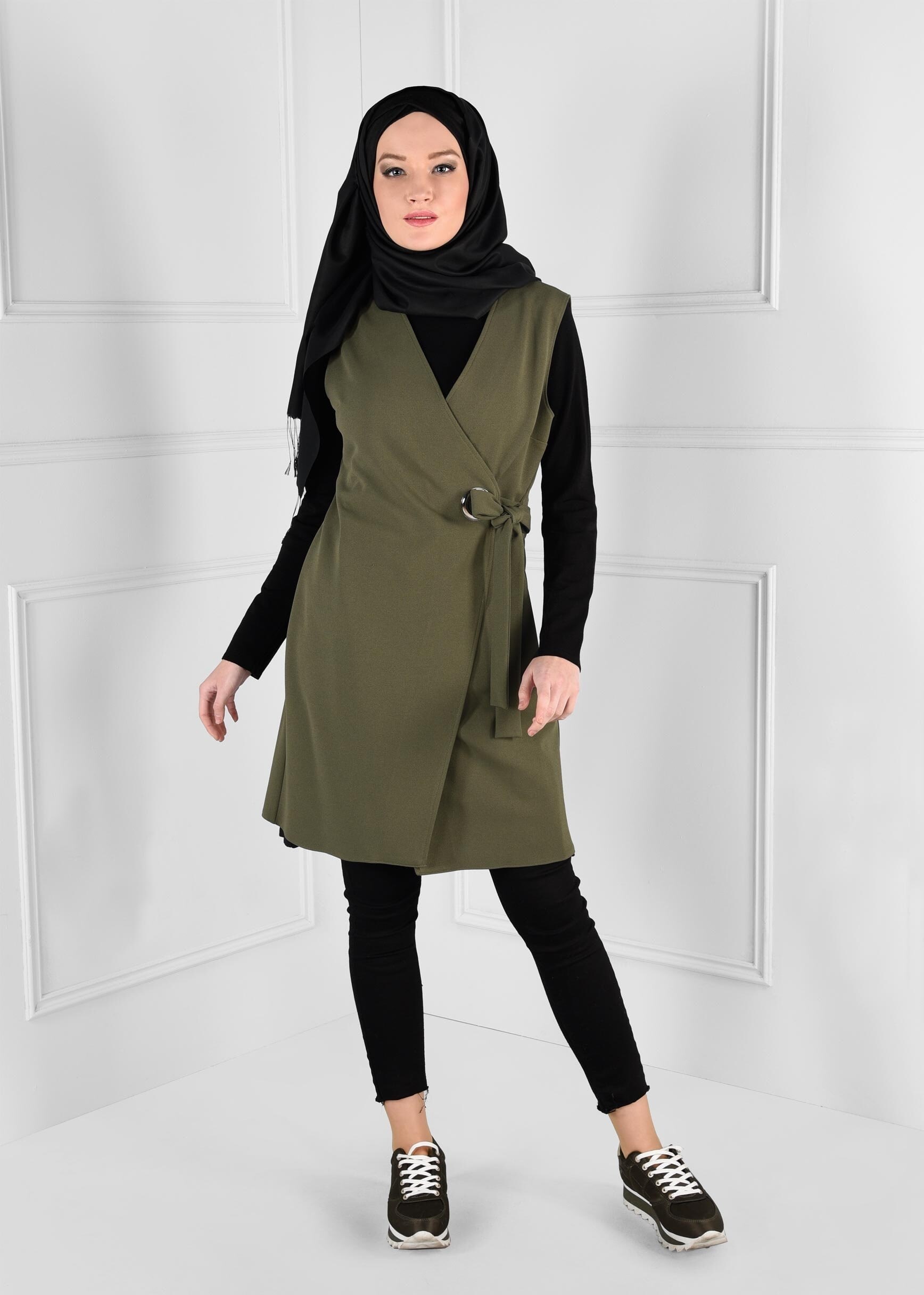 Tesettür giyim HAKİ KUŞAKLI ANVELOP YELEK 4707