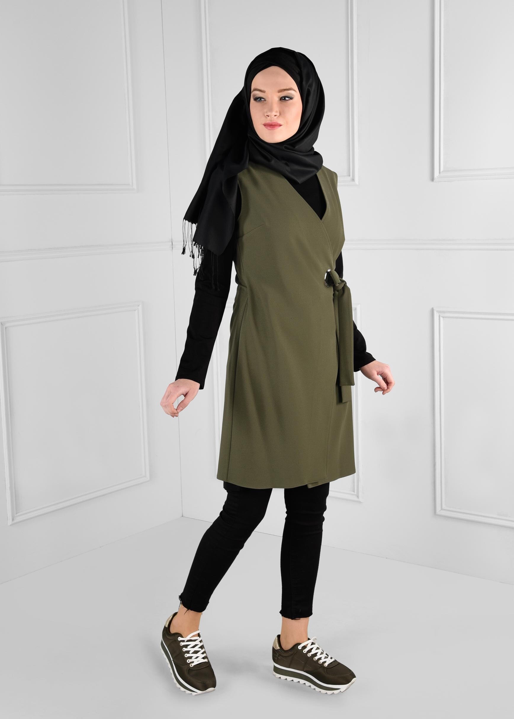 Tesettür giyim HAKİ KUŞAKLI ANVELOP YELEK 4707