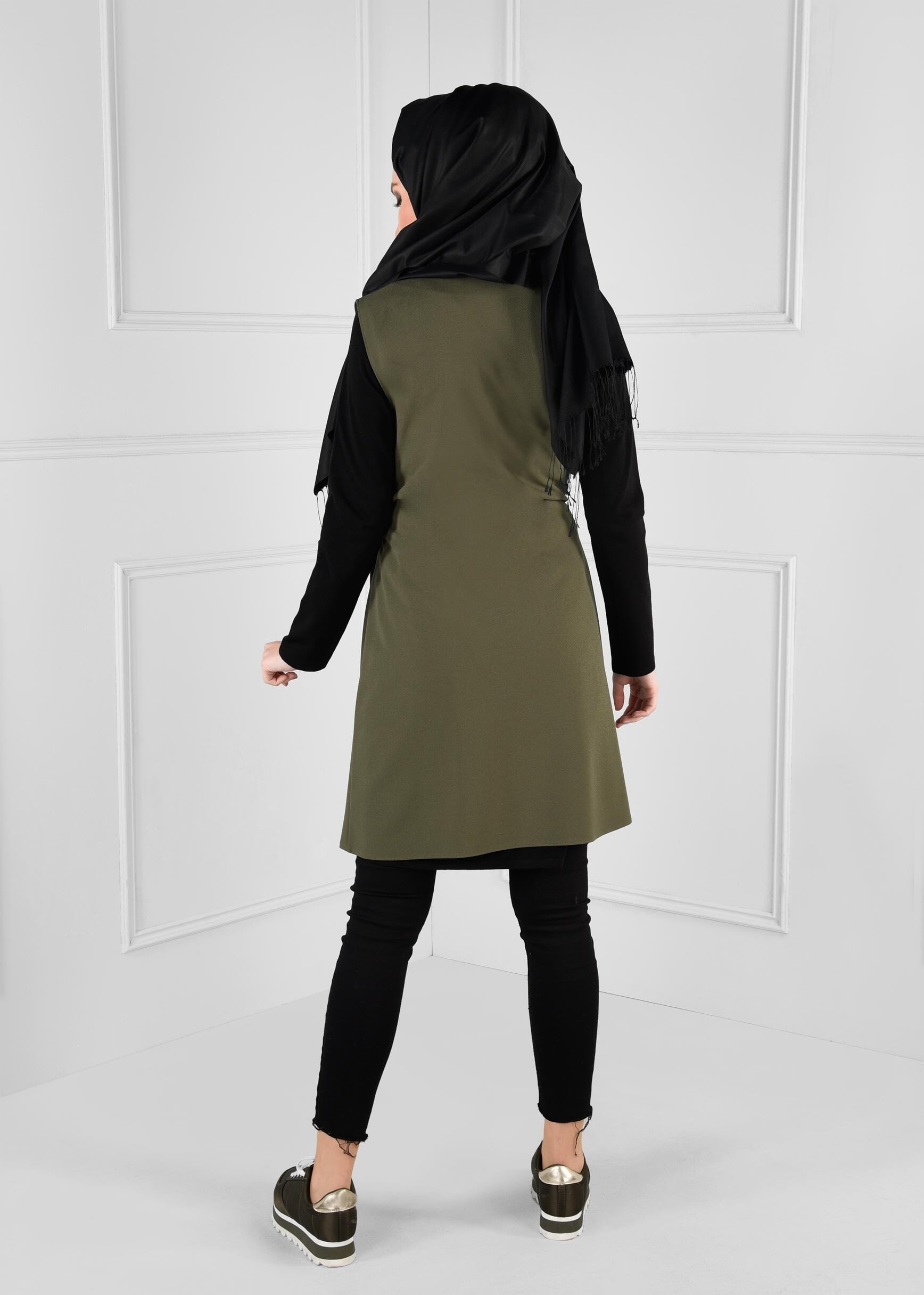 Tesettür giyim HAKİ KUŞAKLI ANVELOP YELEK 4707