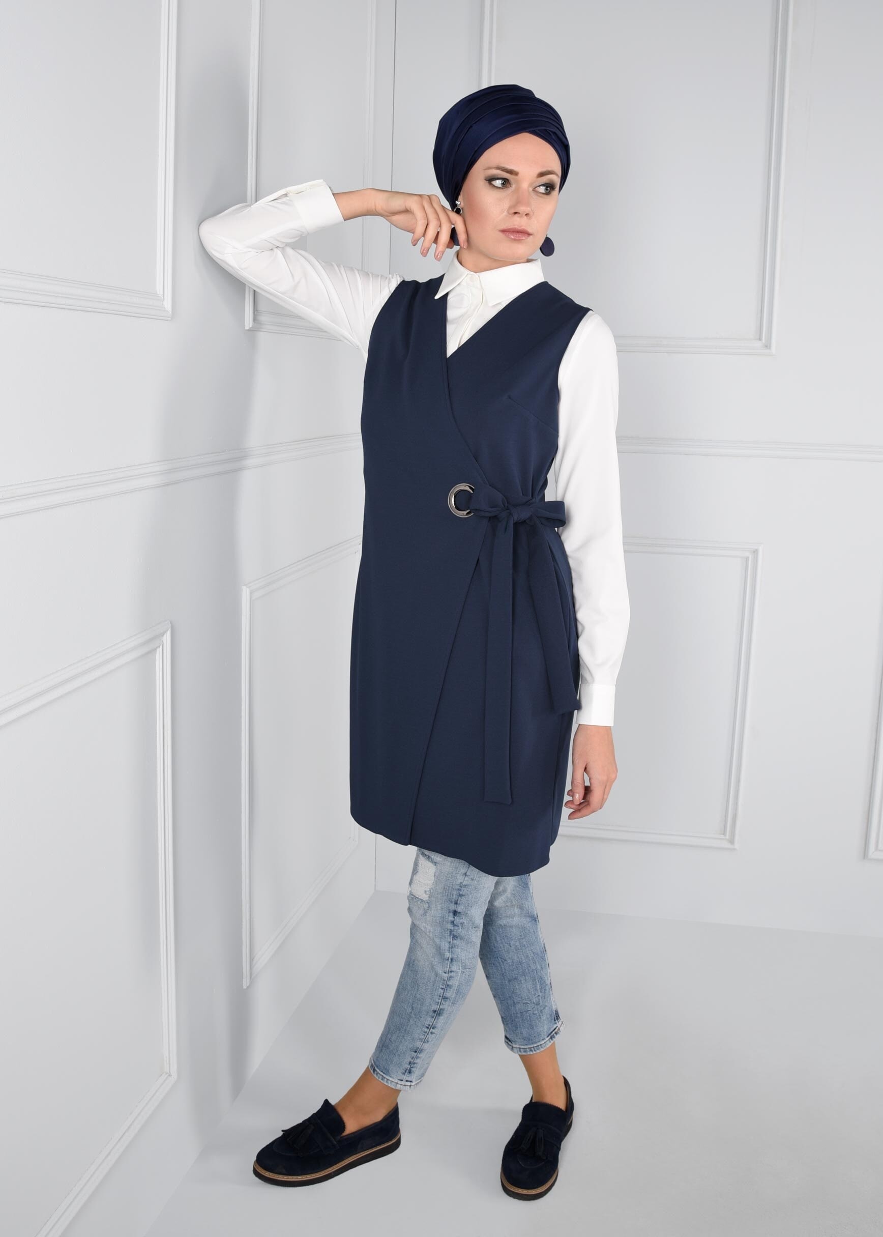 Tesettür giyim LACİVERT KUŞAKLI ANVELOP YELEK 4707