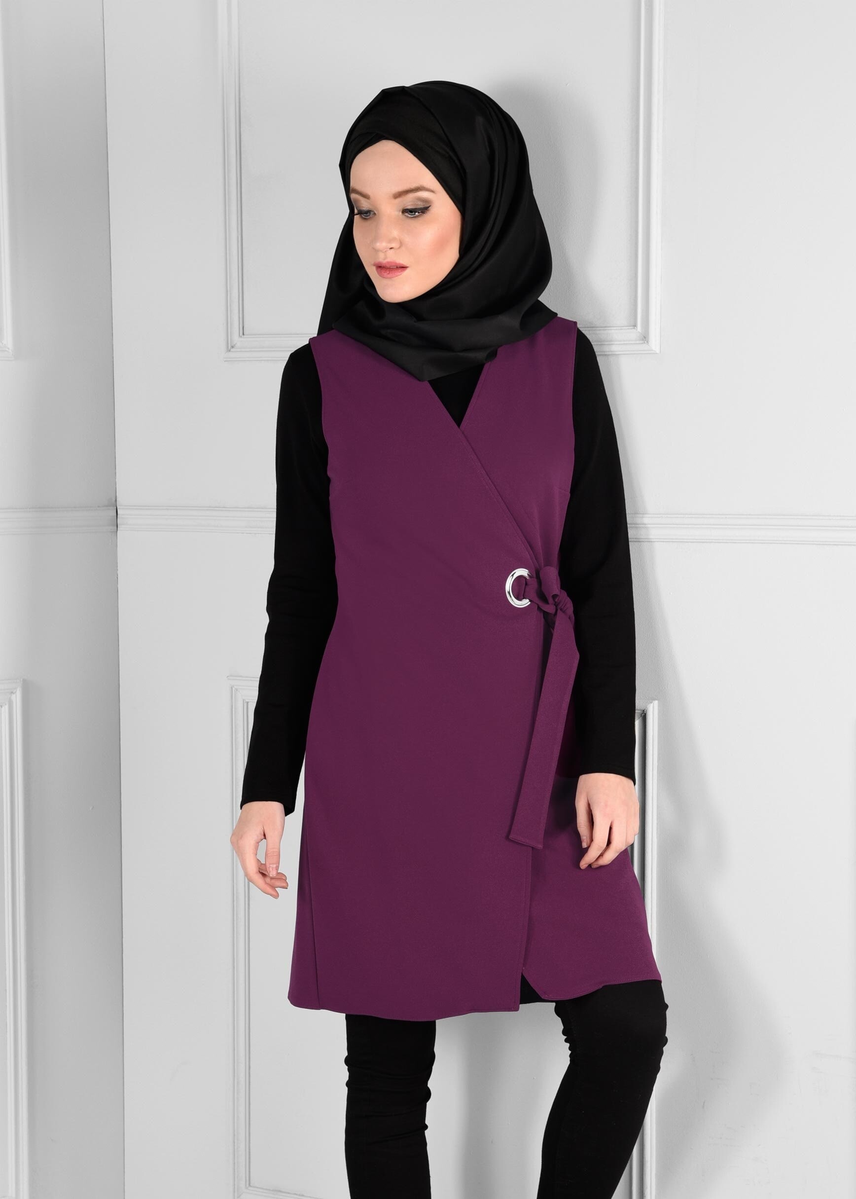 Tesettür giyim MOR KUŞAKLI ANVELOP YELEK 4707
